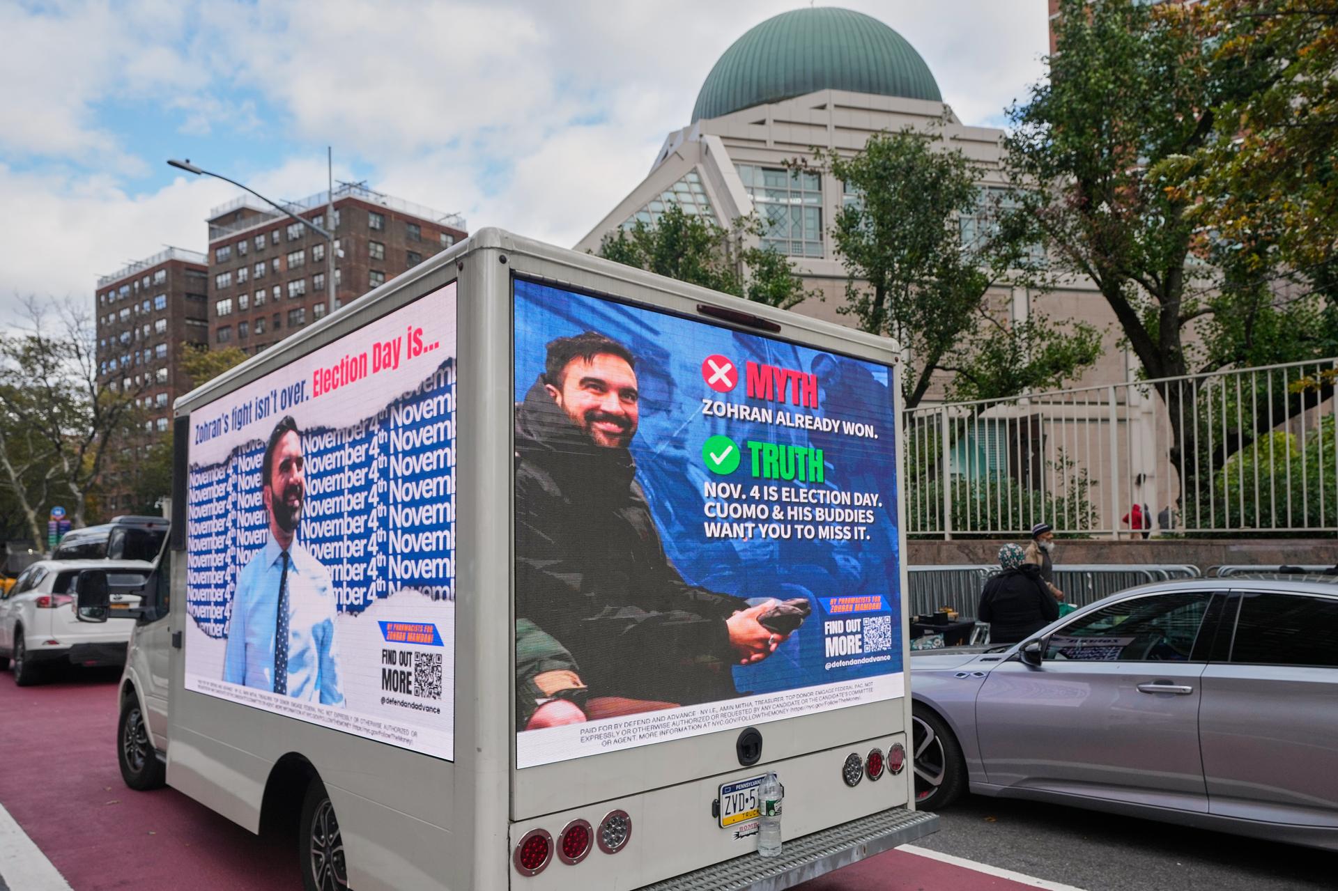 A video advertising truck for New York mayoral candidate Zohran Mamdani is parked adjacent to The Islamic Cultural Center of New York, Friday, Oct. 31, 2025. 