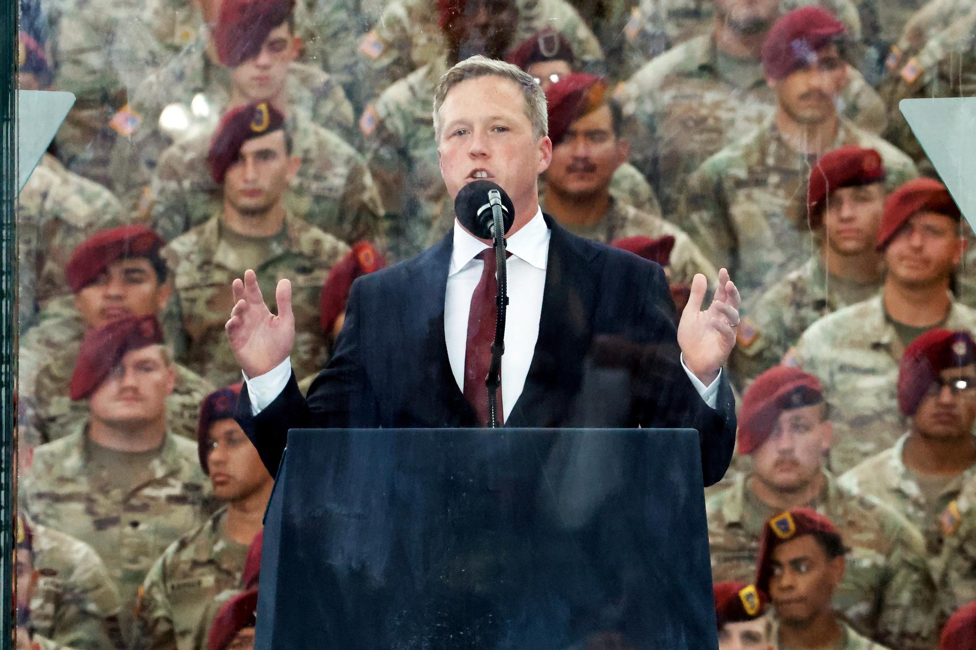 U.S. Army Secretary Dan Driscoll speaks at the America 250 celebration at Fort Bragg in Fayetteville, N.C., 2025.