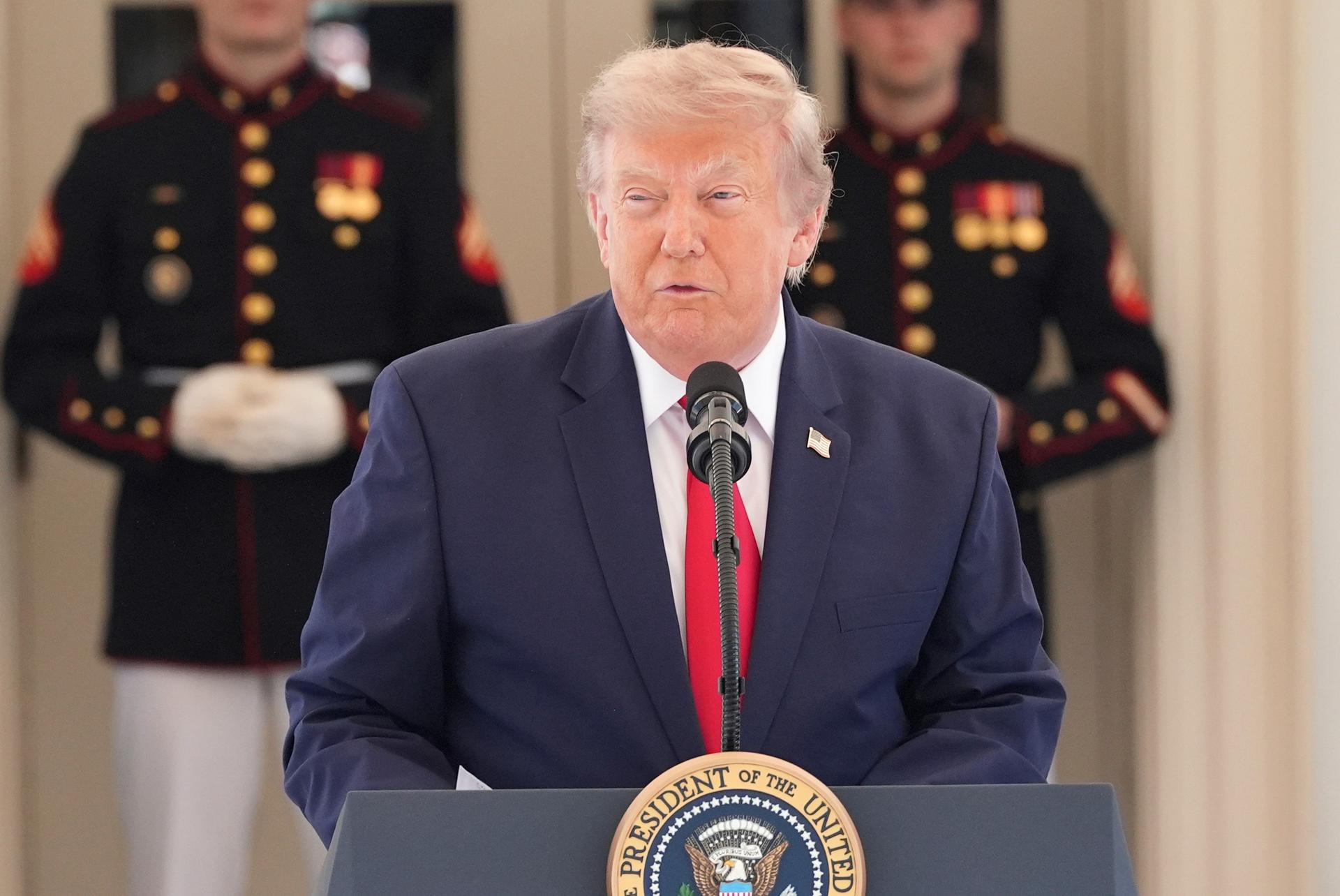 President Donald Trump speaks at the White House on Monday, in Washington.