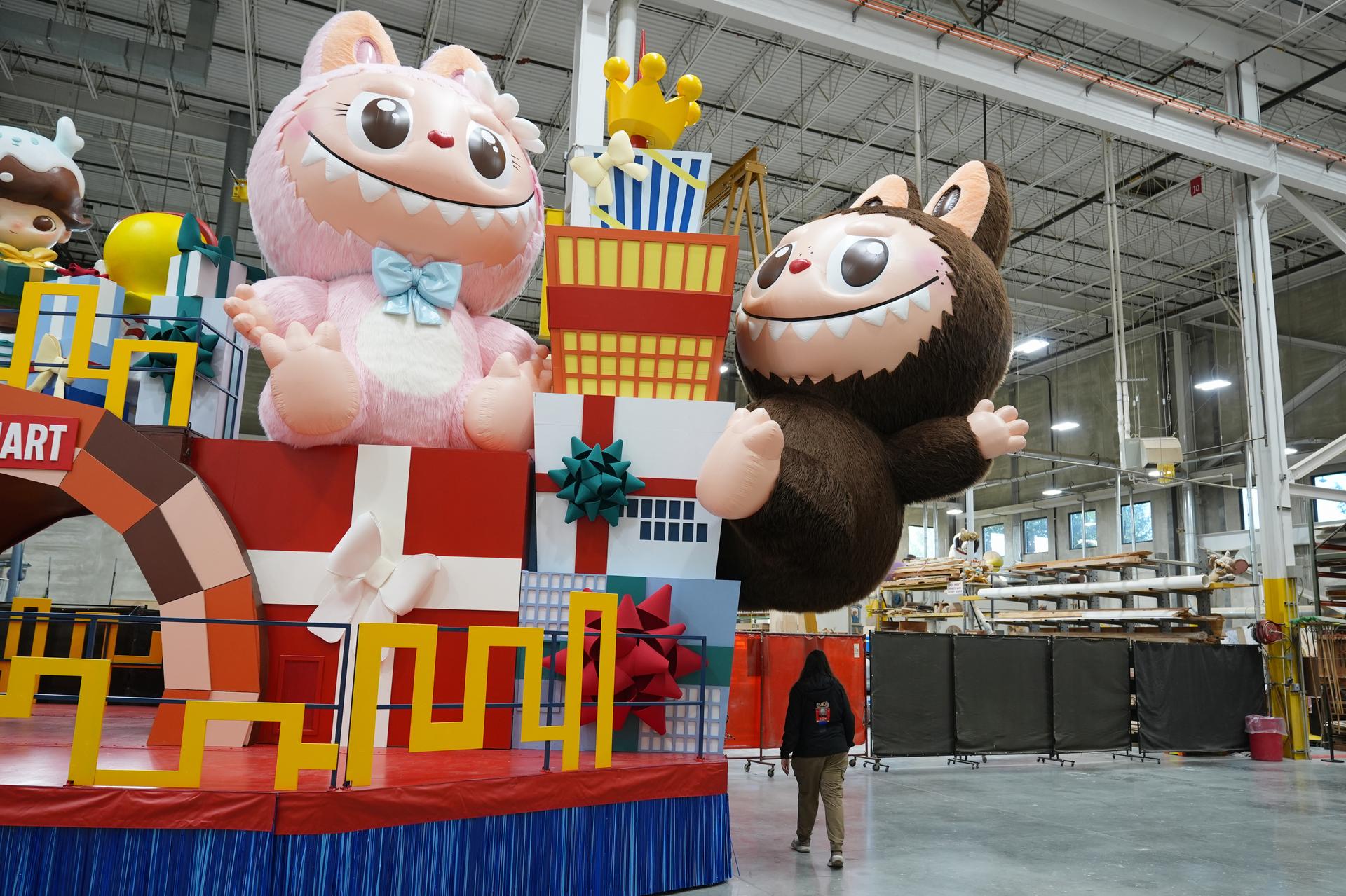 A new Thanksgiving Day float featuring Pop Mart's Labubu, right, and Mokoko are displayed during a press preview of the new floats at Macy's Parade Studio in Moonachie, N.J., Tuesday.