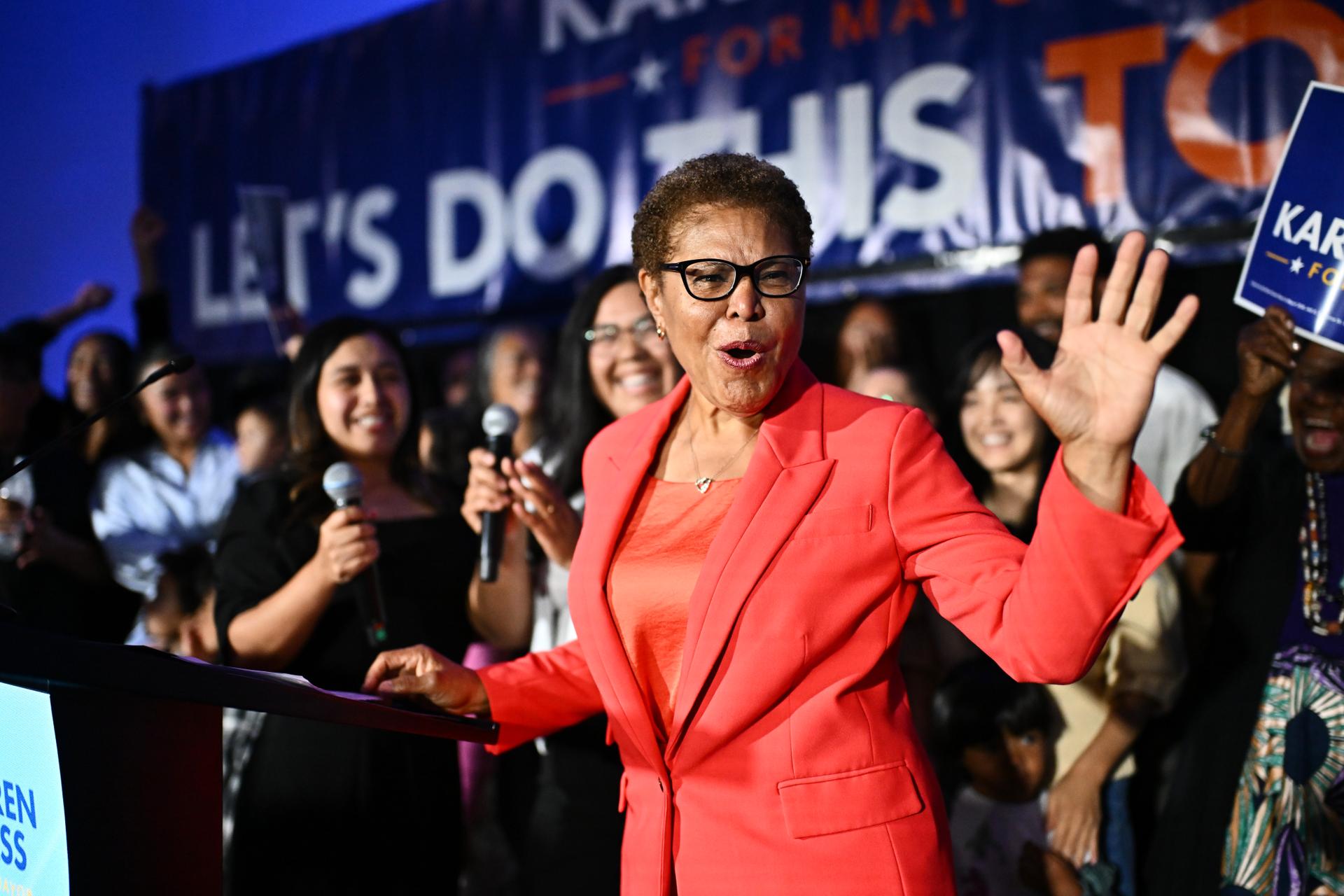 Los Angeles Mayor Karen Bass speaks during an election night event Tuesday, in Los Angeles.