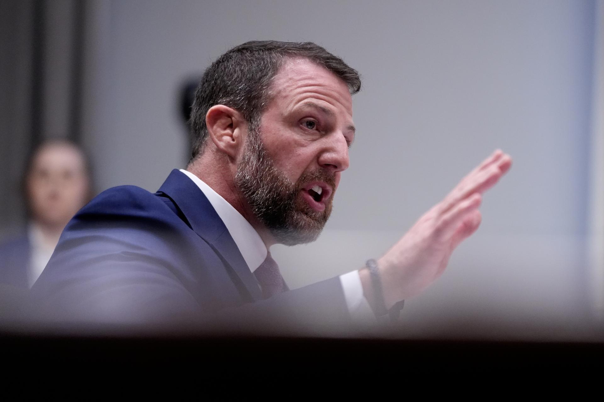 Sen. Markwayne Mullin, R-Okla., testifies during a Senate Committee on Homeland Security and Governmental Affairs hearing, Wednesday, on Capitol Hill in Washington.
