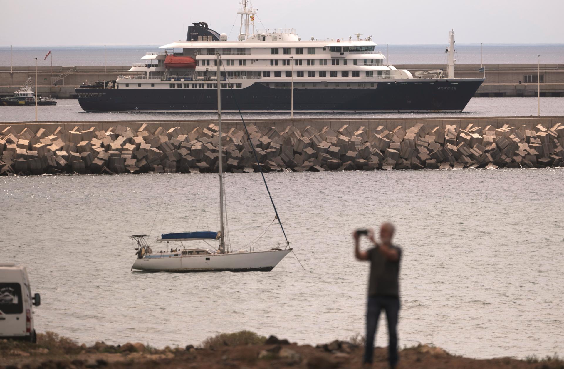 The hantavirus-stricken cruise ship MV Hondius is seen at anchor at the port of Granadilla in Tenerife, Canary Islands, Spain, on Monday. (AP Photo/Arturo Rodriguez)