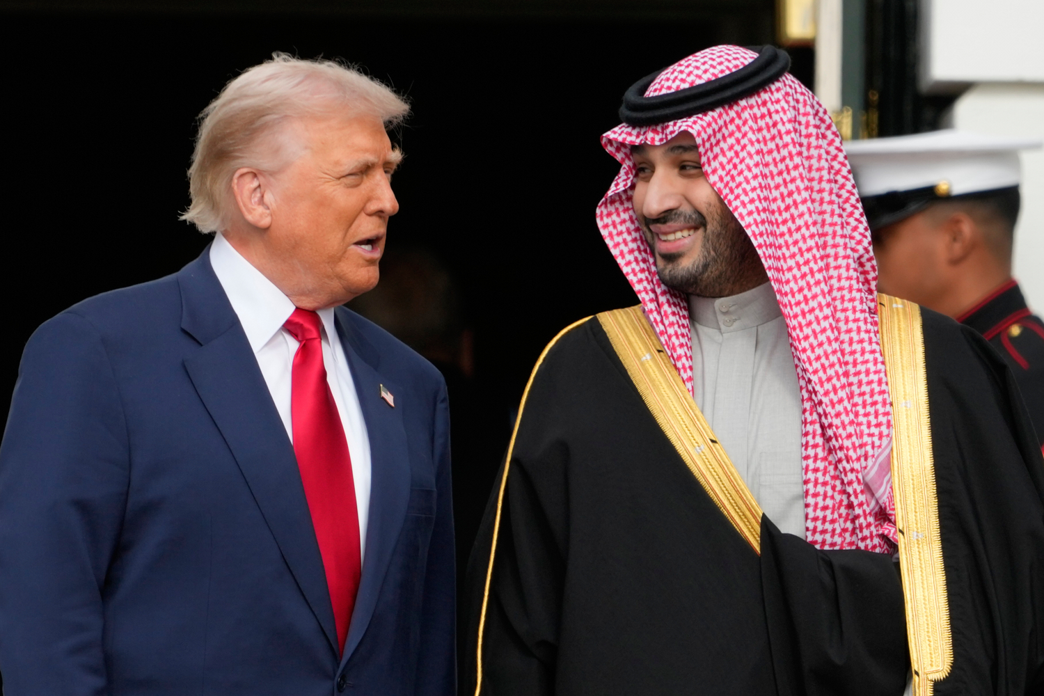 President Donald Trump welcomes Saudi Arabia's Crown Prince Mohammed bin Salman to the White House, Tuesday, in Washington.