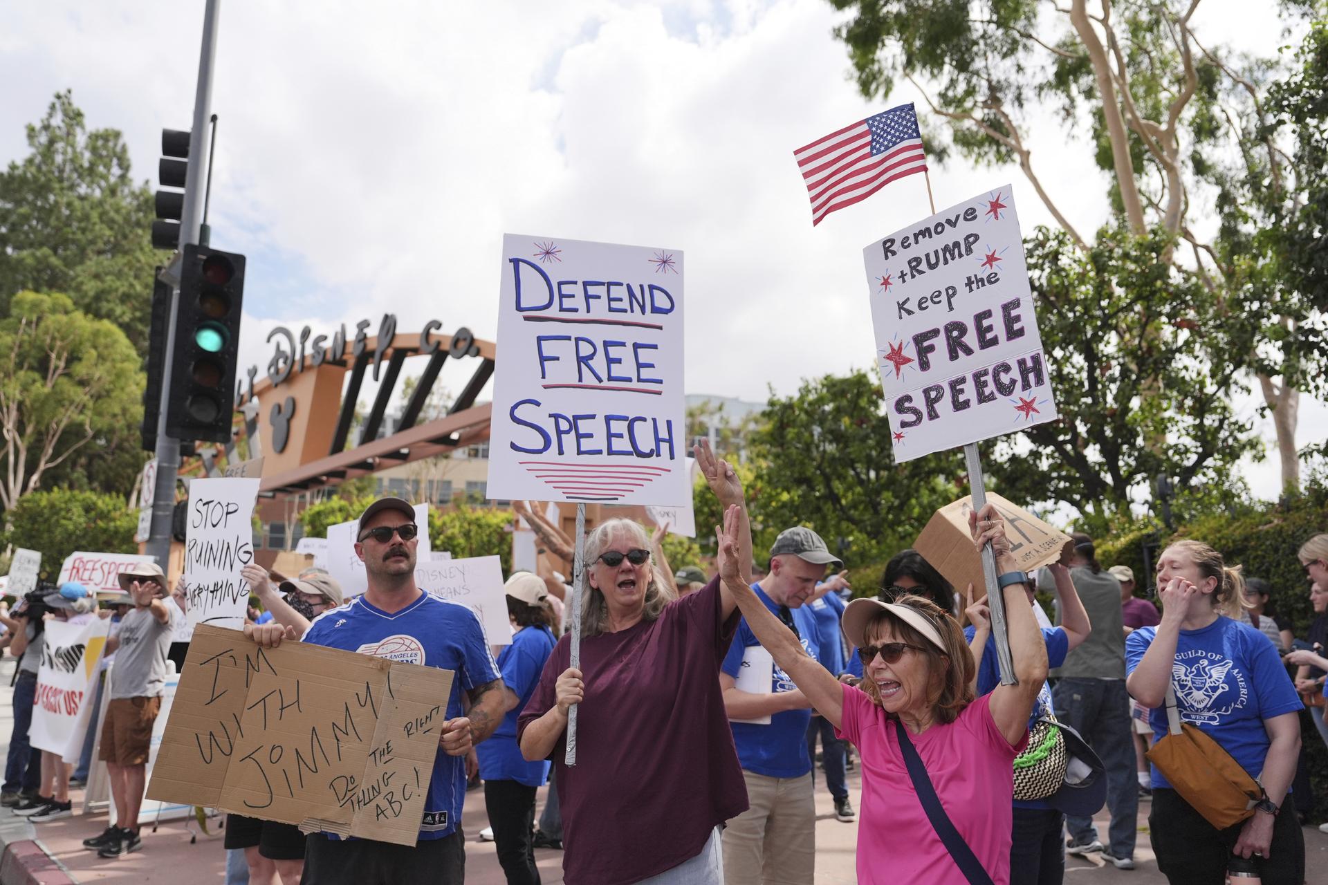 Demonstrators picket after the suspension of Jimmy Kimmel's late-night show outside of Walt Disney Studios in Burbank, Calif., on Thursday.