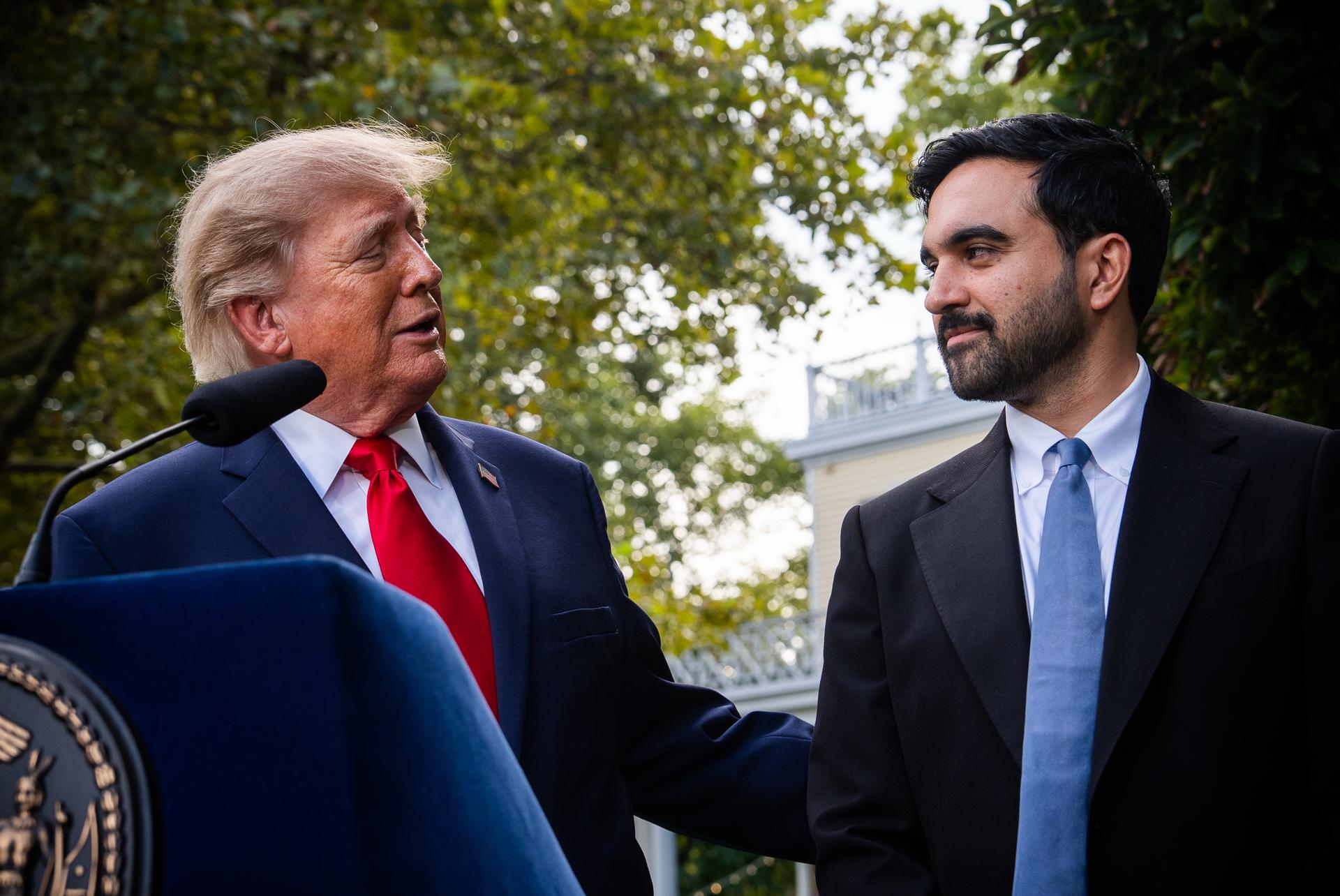 New York City Mayor Zohran Mamdani stands by as President Donald Trump speaks during a joint news conference at Gracie Mansion, Monday, in New York. 