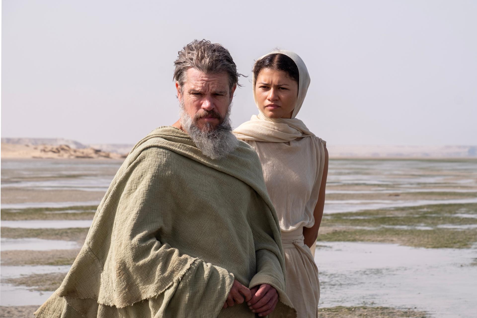 Matt Damon as Odysseus and Zendaya as Athena, in a scene from “The Odyssey.”