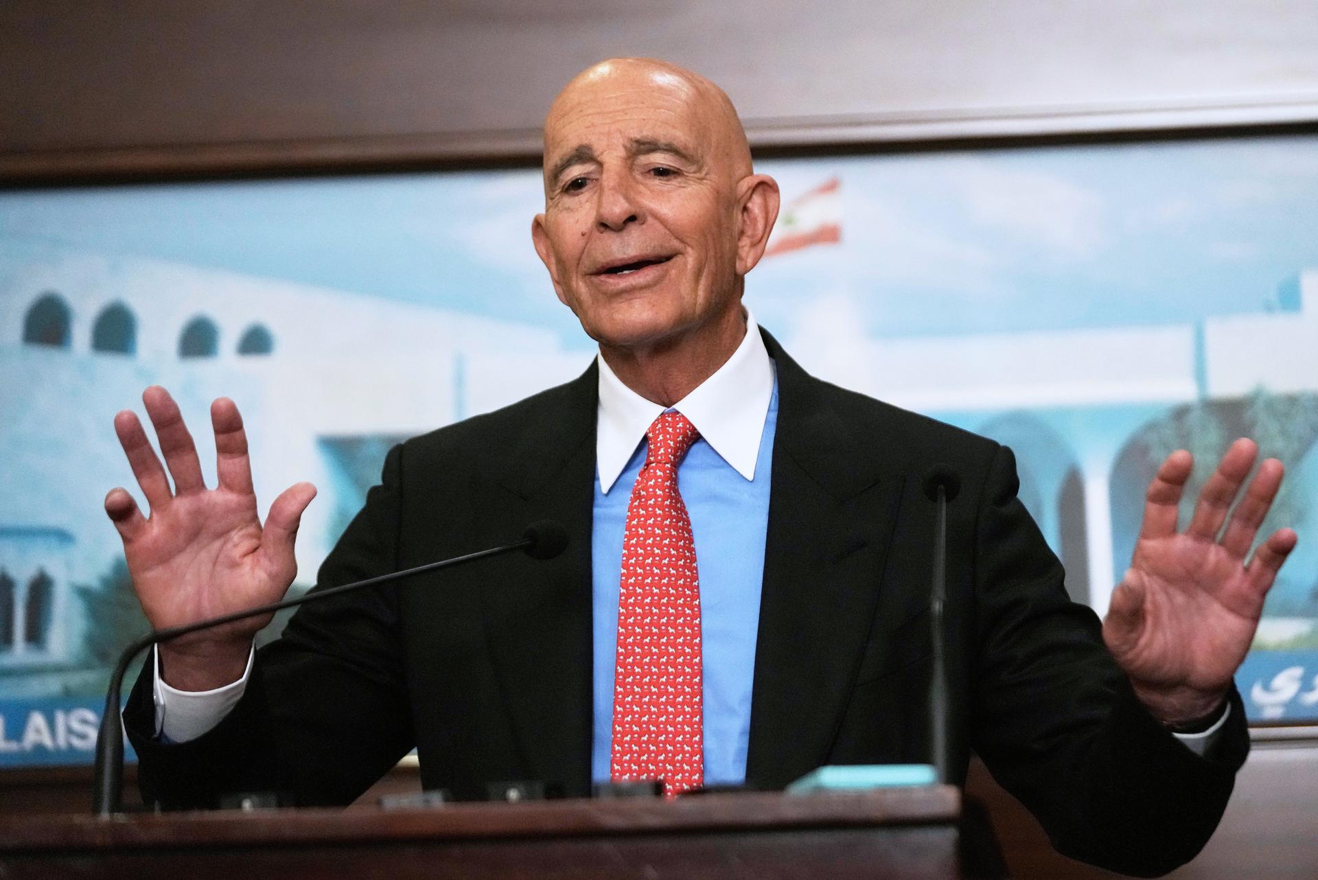 U.S. Ambassador to Turkey and Special Envoy to Syria Tom Barrack speaks during a press conference at the presidential palace in Baabda, Lebanon, on Tuesday. (AP Photo/Hussein Malla)