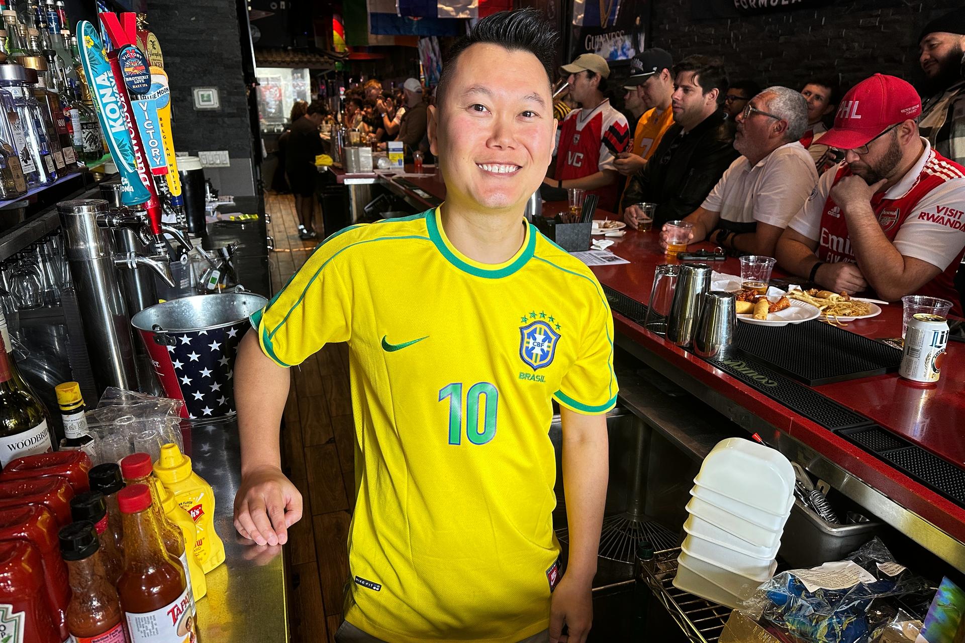Lion Sports Bar owner Mark Prinzinger behind the bar, May 30, in Philadelphia.