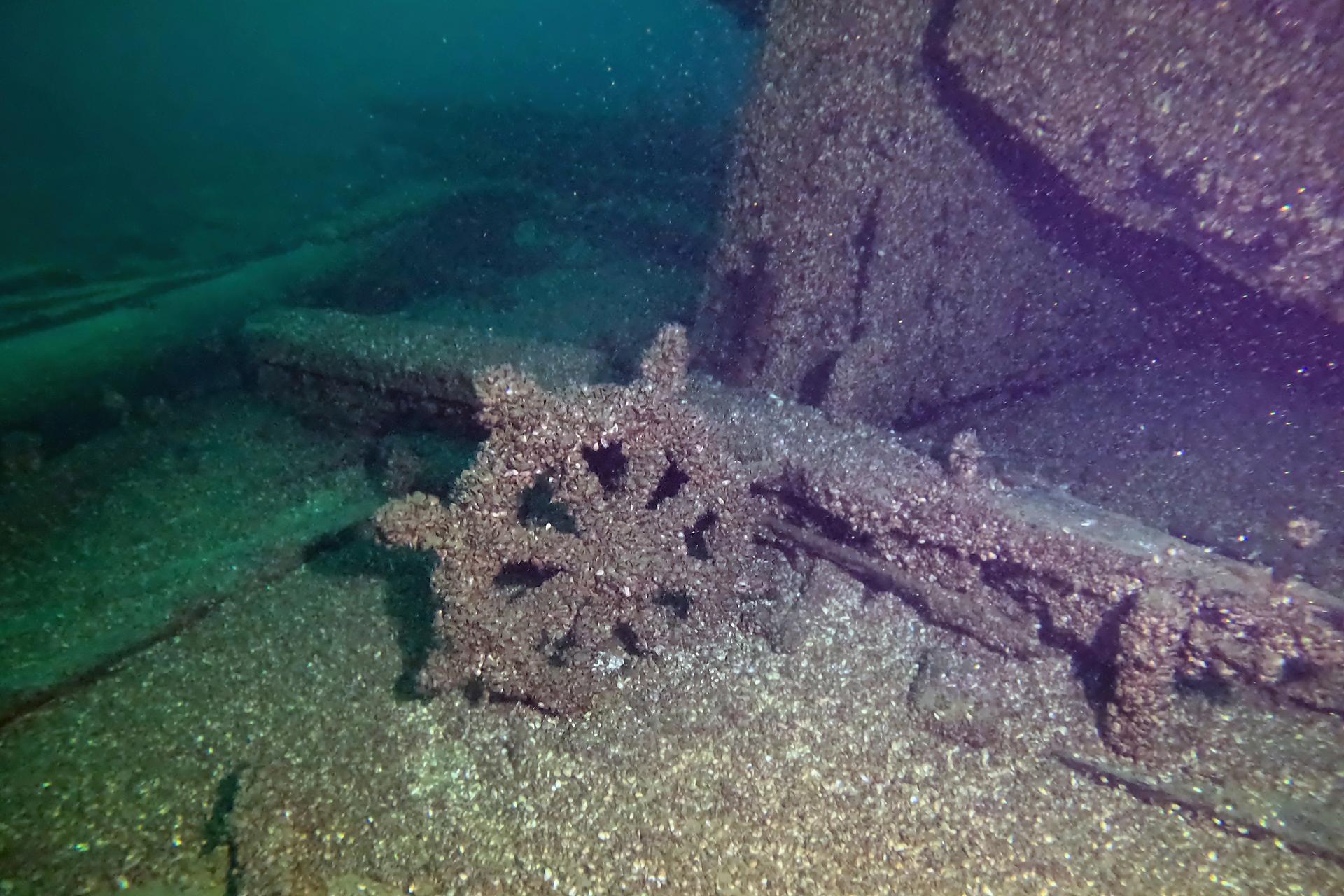 The wheel of the F.J. King shipwreck is seen in Lake Michigan on Aug. 23, 2025.