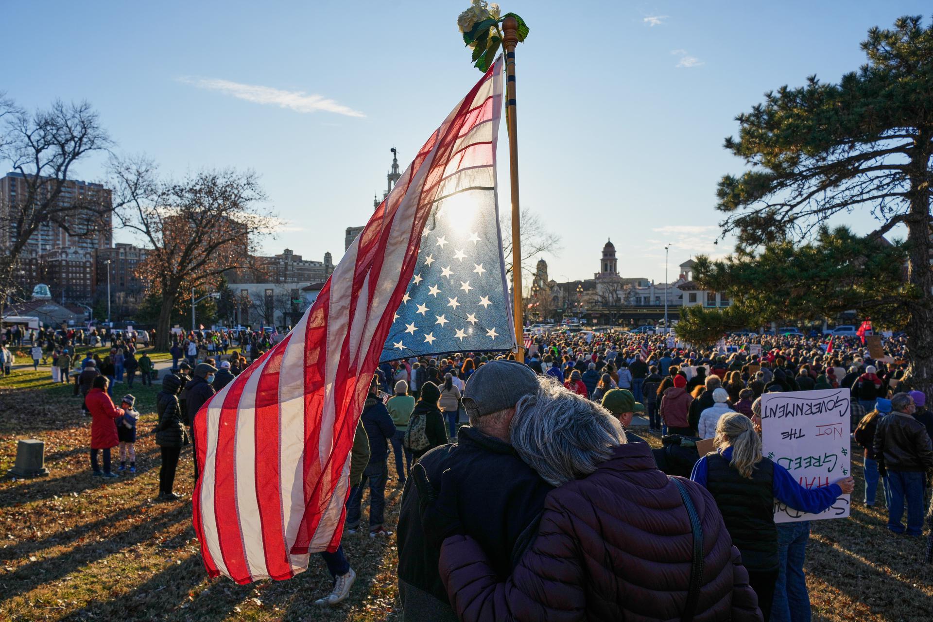 Protesters march during a rally for Renee Good on Saturday in Kansas City, Mo. (AP Photo/Charlie Riedel)