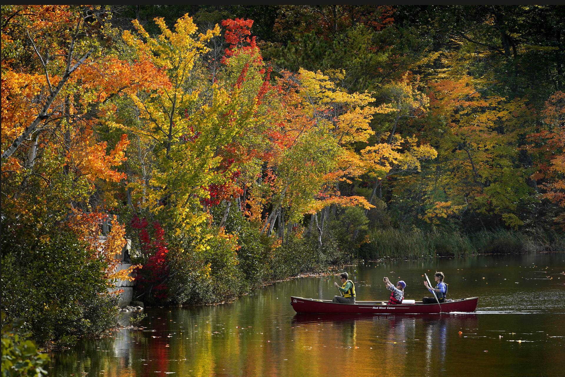 A passenger on a canoe photographs the fall foliage on South Pond, in 2021, in Bryant Point, Maine. 