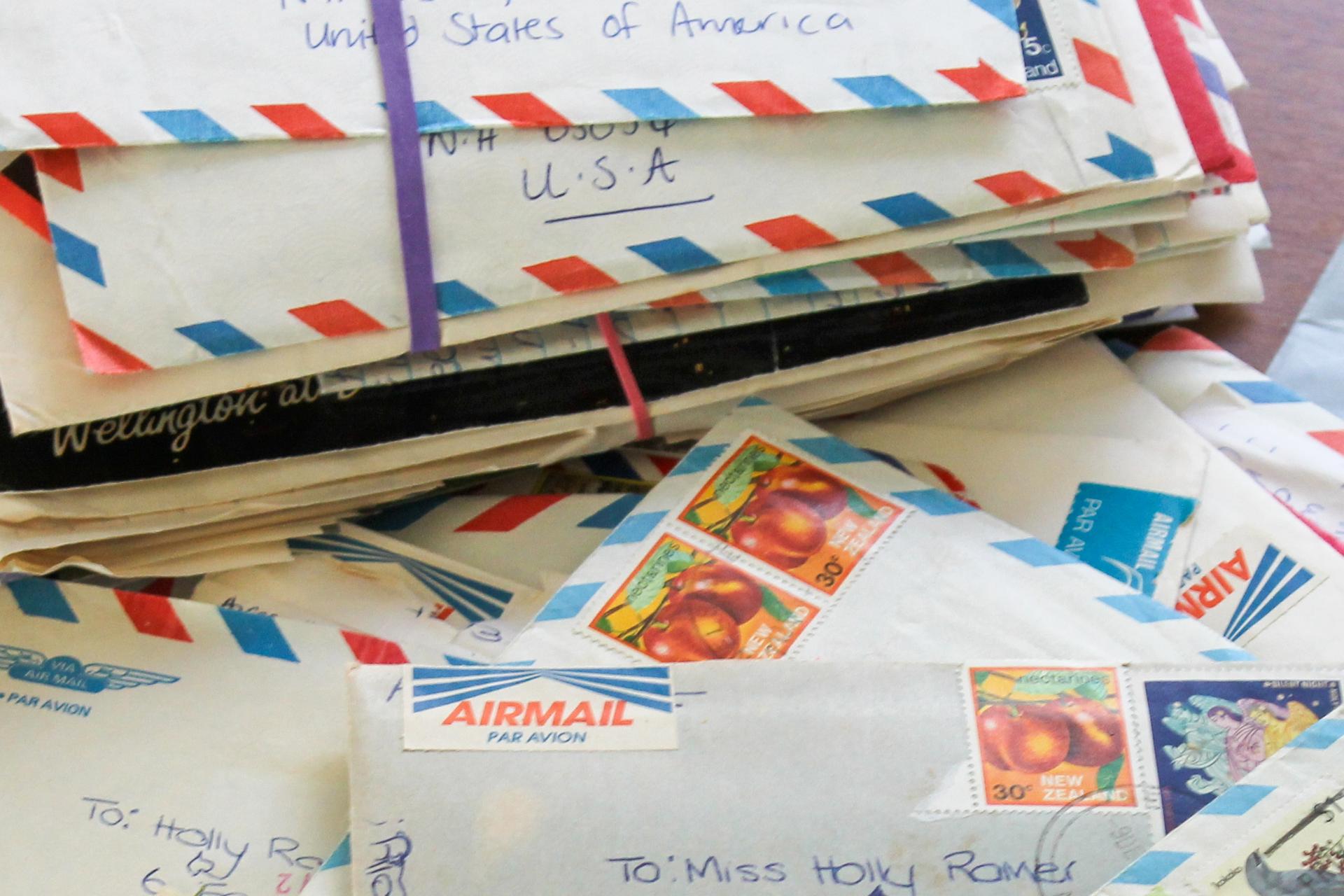 Some of the hundreds of letters Associated Press reporter Holly Ramer has received from her pen pal in New Zealand are displayed in Bow, N.H., April 9. 