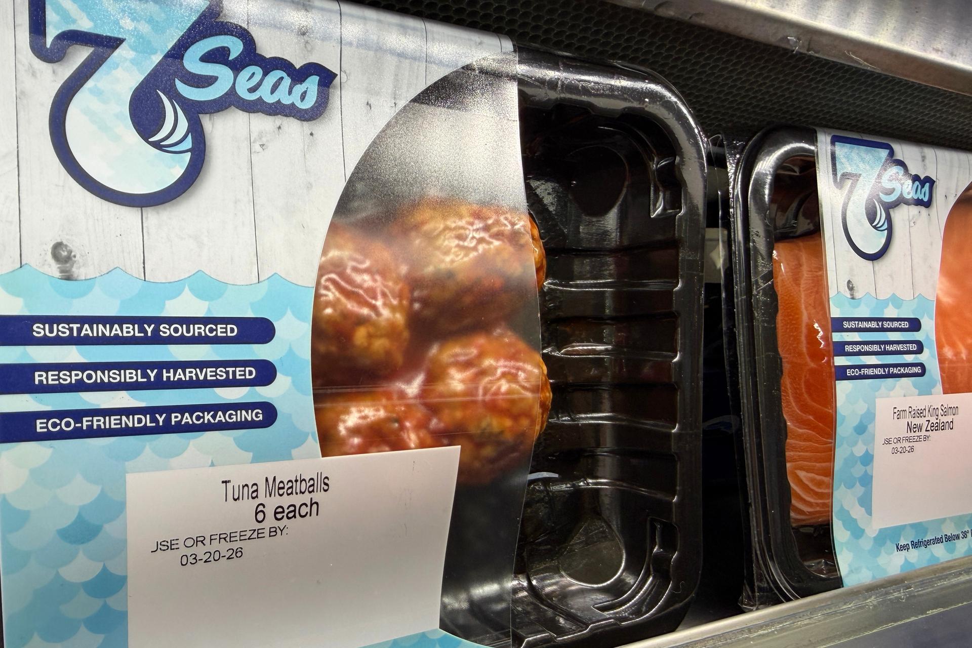 Tuna meatballs are displayed at the Seafood Expo North America in Boston on March 17.