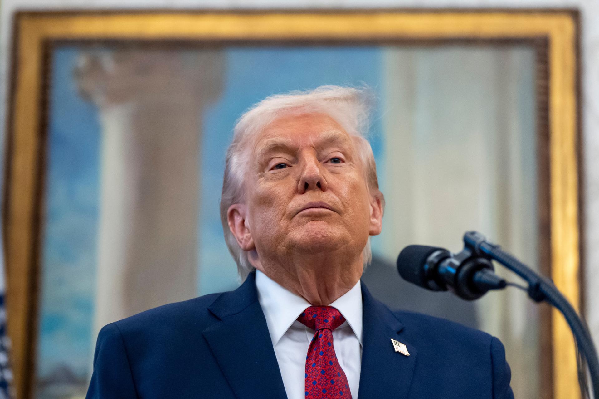 President Donald Trump speaks during a Mexican Border Defense Medal presentation in the Oval Office of the White House, Monday in Washington. 