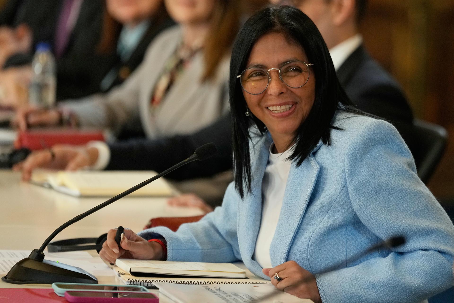 Venezuela's acting President Delcy Rodriguez smiles during a meeting with a delegation led by U.S. Energy Secretary Chris Wright at Miraflores Palace in Caracas, Venezuela, Feb. 11.