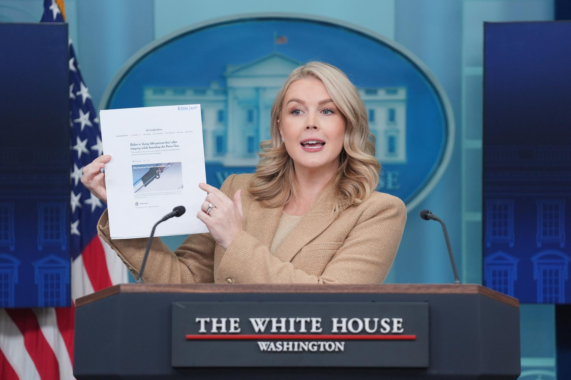 White House press secretary Karoline Leavitt speaks during a press briefing at the White House, Monday, in Washington. 