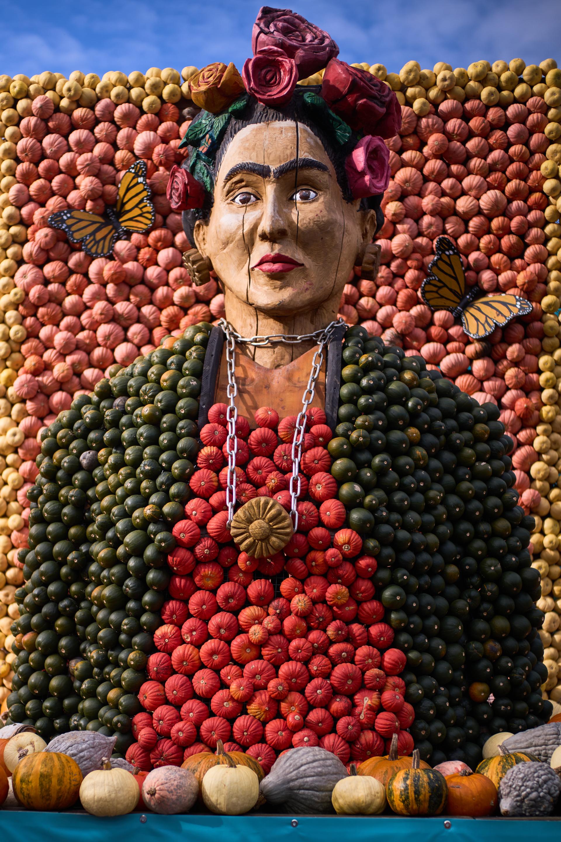 A pumpkin sculpture depicting Mexican artist Frida Kahlo is displayed at Klaistow farm's annual pumpkin festival in Beelitz near Berlin, Germany, Tuesday. 