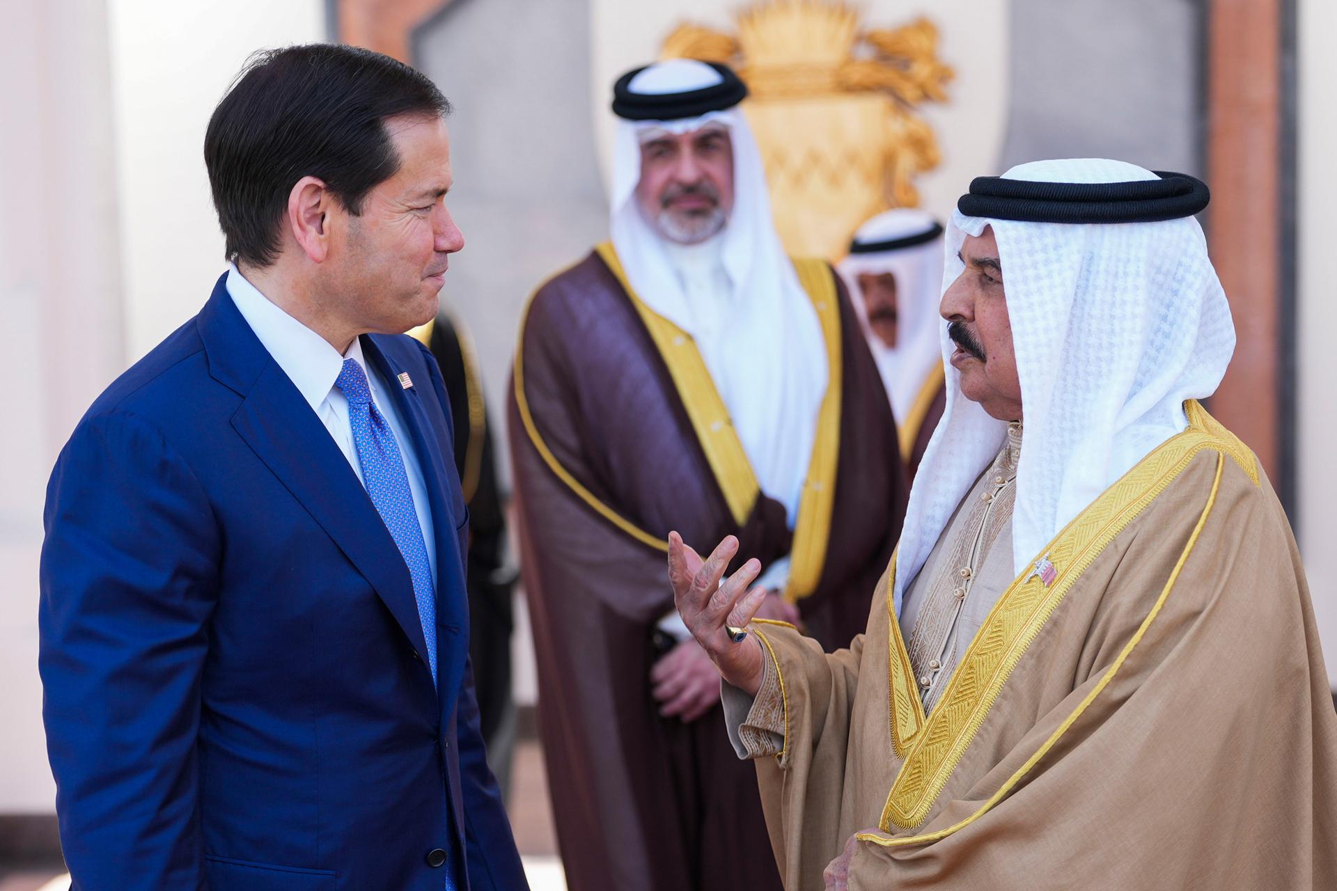 U.S. Secretary of State Marco Rubio, left, and Bahrain's King Hamad bin Isa Al Khalifa share a word after their meeting, at Al-Sakhir Palace near Zallaq, Bahrain, on Thursday. (Eric Lee/Pool Photo via AP)