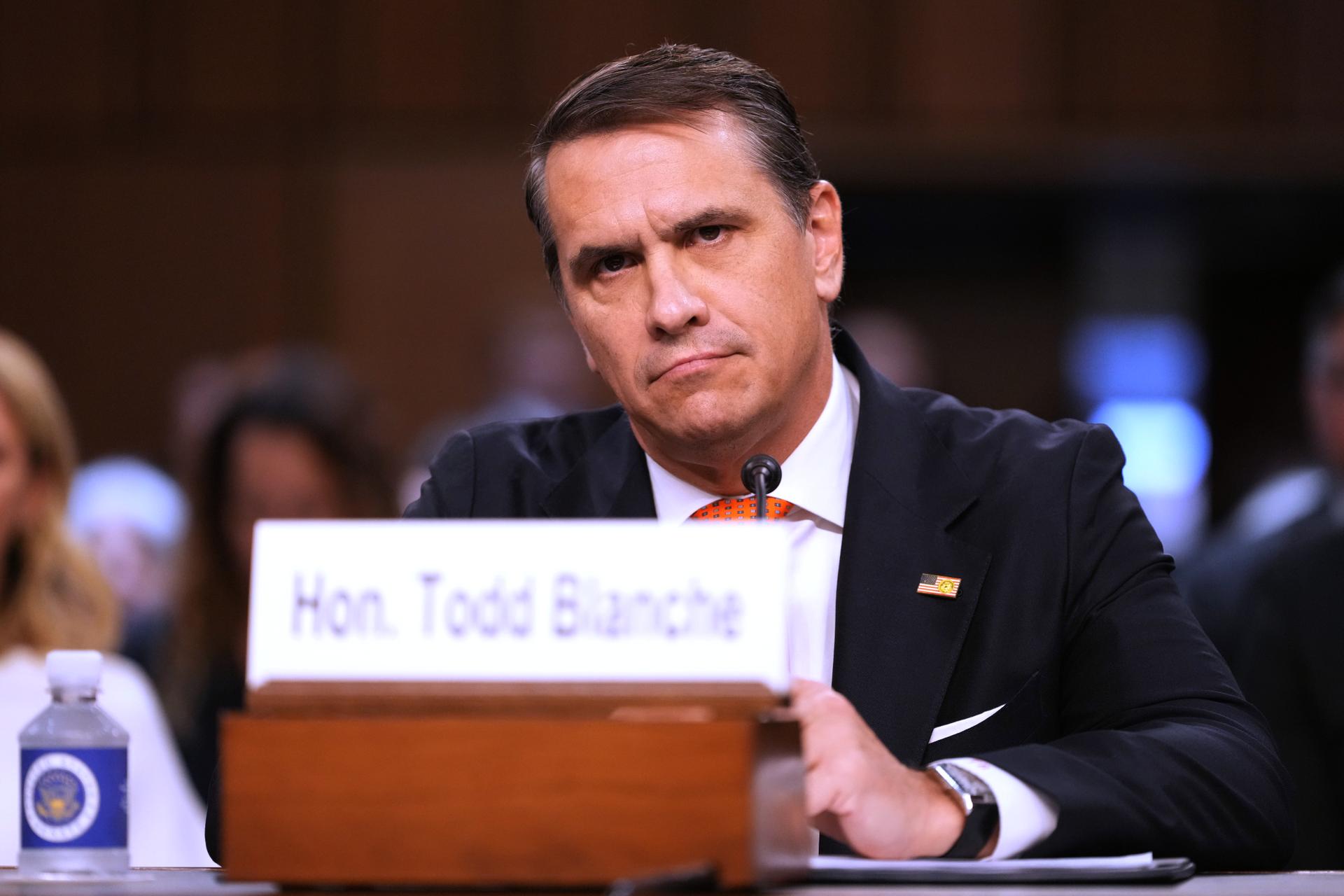 Acting Attorney General Todd Blanche appears before the Senate Judiciary Committee on Capitol Hill in Washington, July 15. 