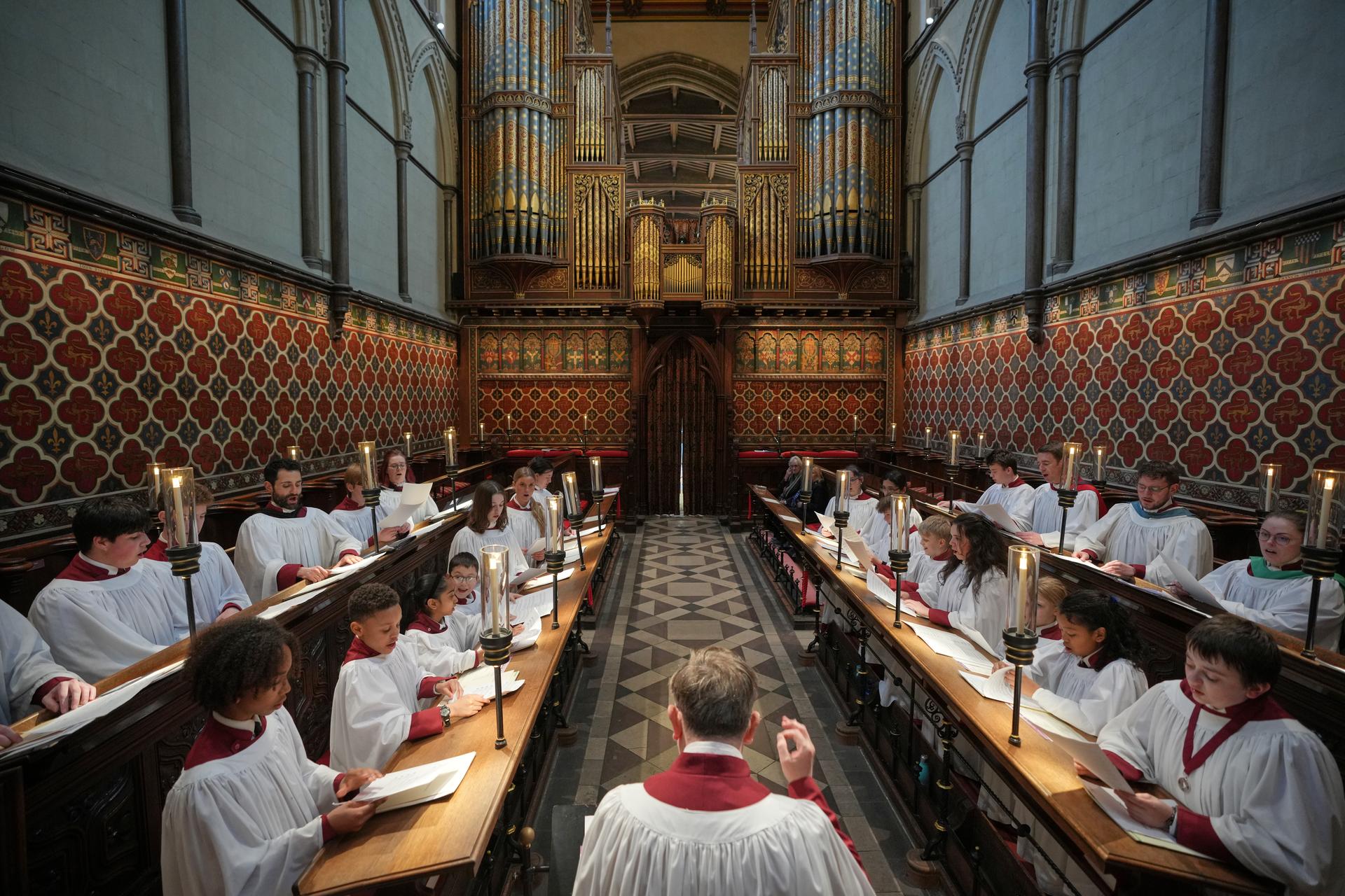 Britain Choral Music Choristers sing during Evensong at Rochester Cathedral in Rochester, England, March 27.
