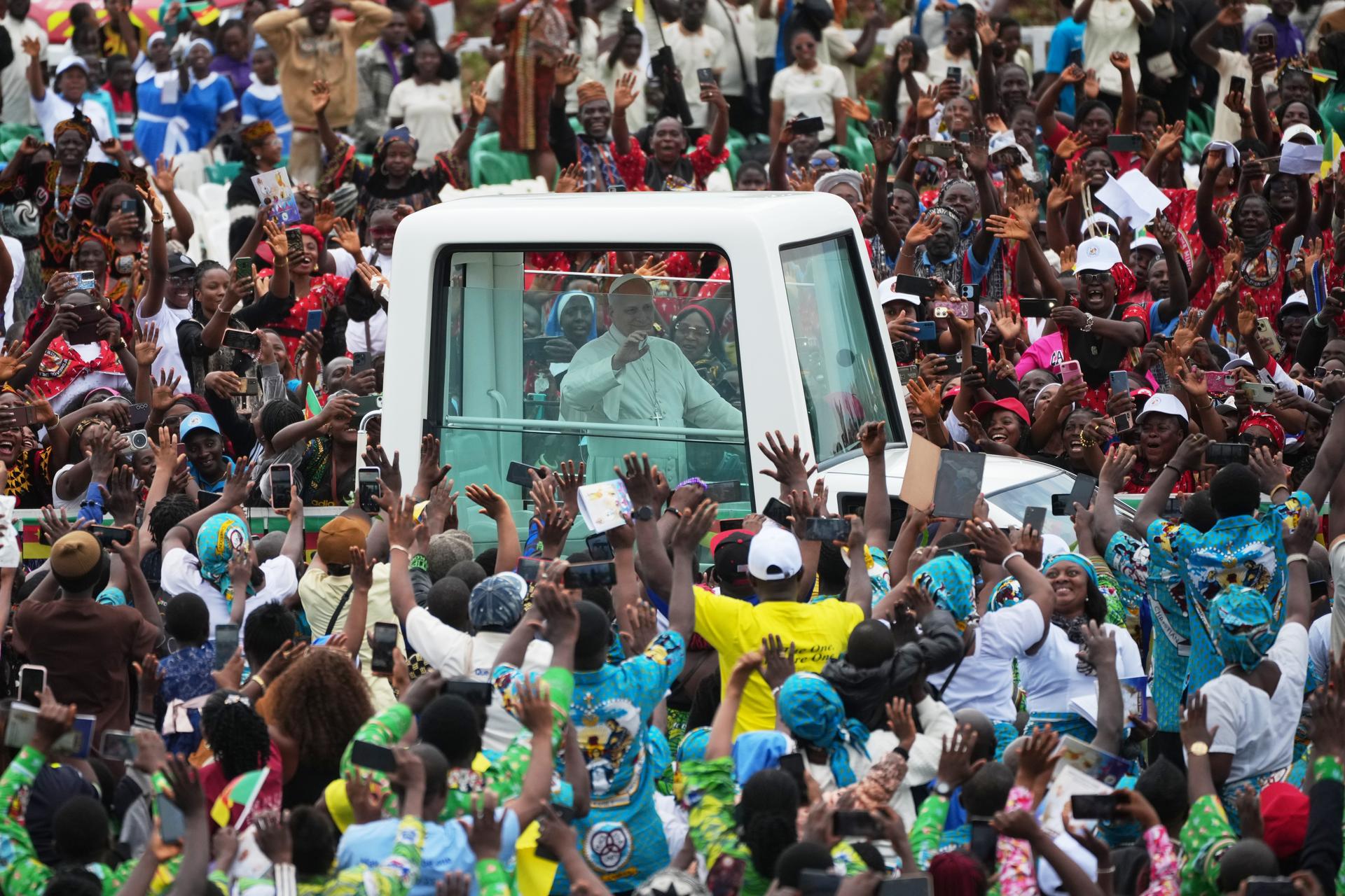 Pope Leo XIV arrives to celebrate Mass at Bamenda Airport, Cameroon, April 16, on the fourth day of his 11-day visit to Africa.