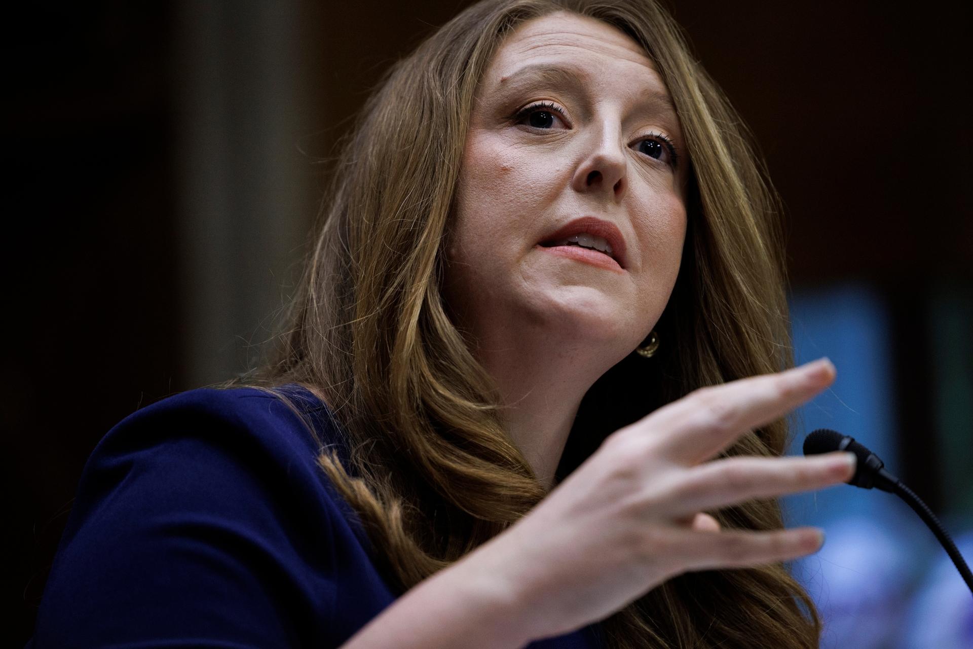 Dr. Casey Means testifies during a Senate Health, Education Labor and Pension Committee confirmation hearing for U.S. Surgeon General in February. (AP Photo/Tom Brenner)