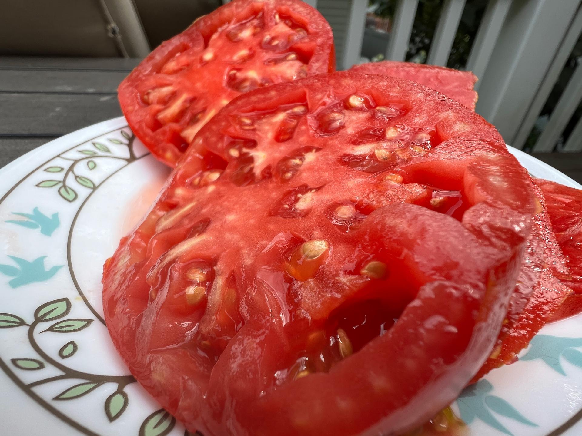 A halved Brandywine tomato, 2024.