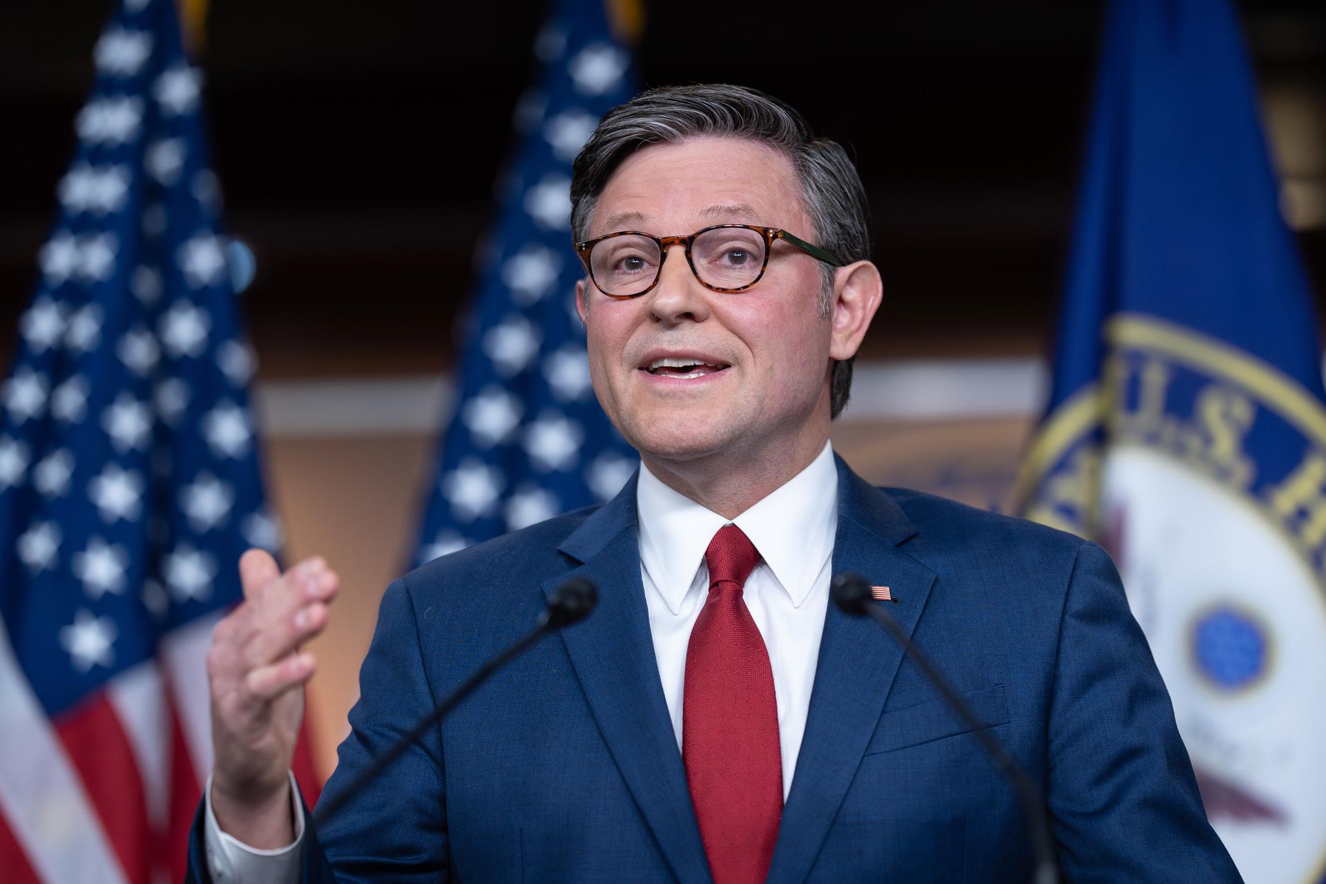 Speaker of the House Mike Johnson, R-La., makes a statement to reporters at the Capitol in Washington on Monday. (AP Photo/J. Scott Applewhite)