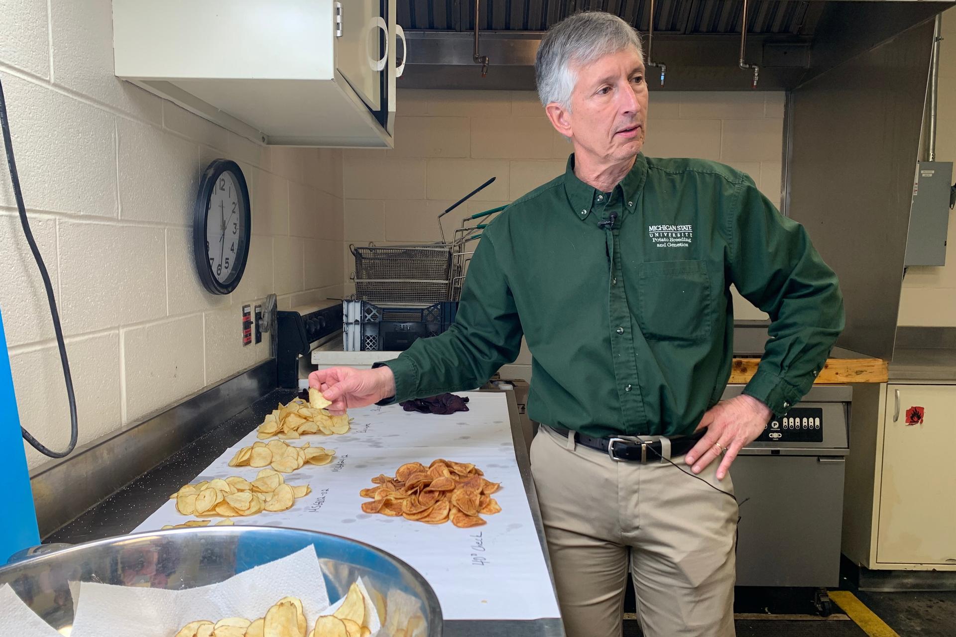 David Douches, a Michigan State University professor who leads the school's Potato Breeding and Genetics Program, holds a potato chip in his hand during a taste testing in March. (AP Photo/Mike Householder)