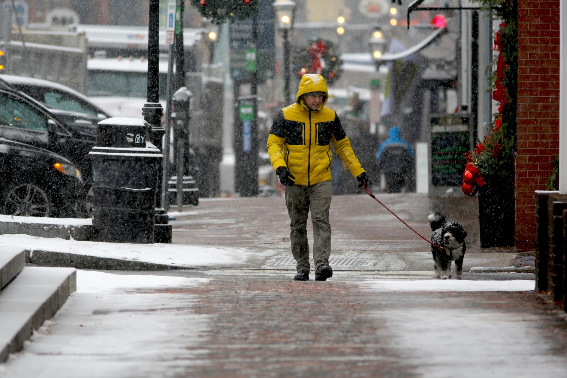 A person walks a dog in the snow in Portsmouth, N.H., on Tuesday. (AP Photo/Caleb Jones) 