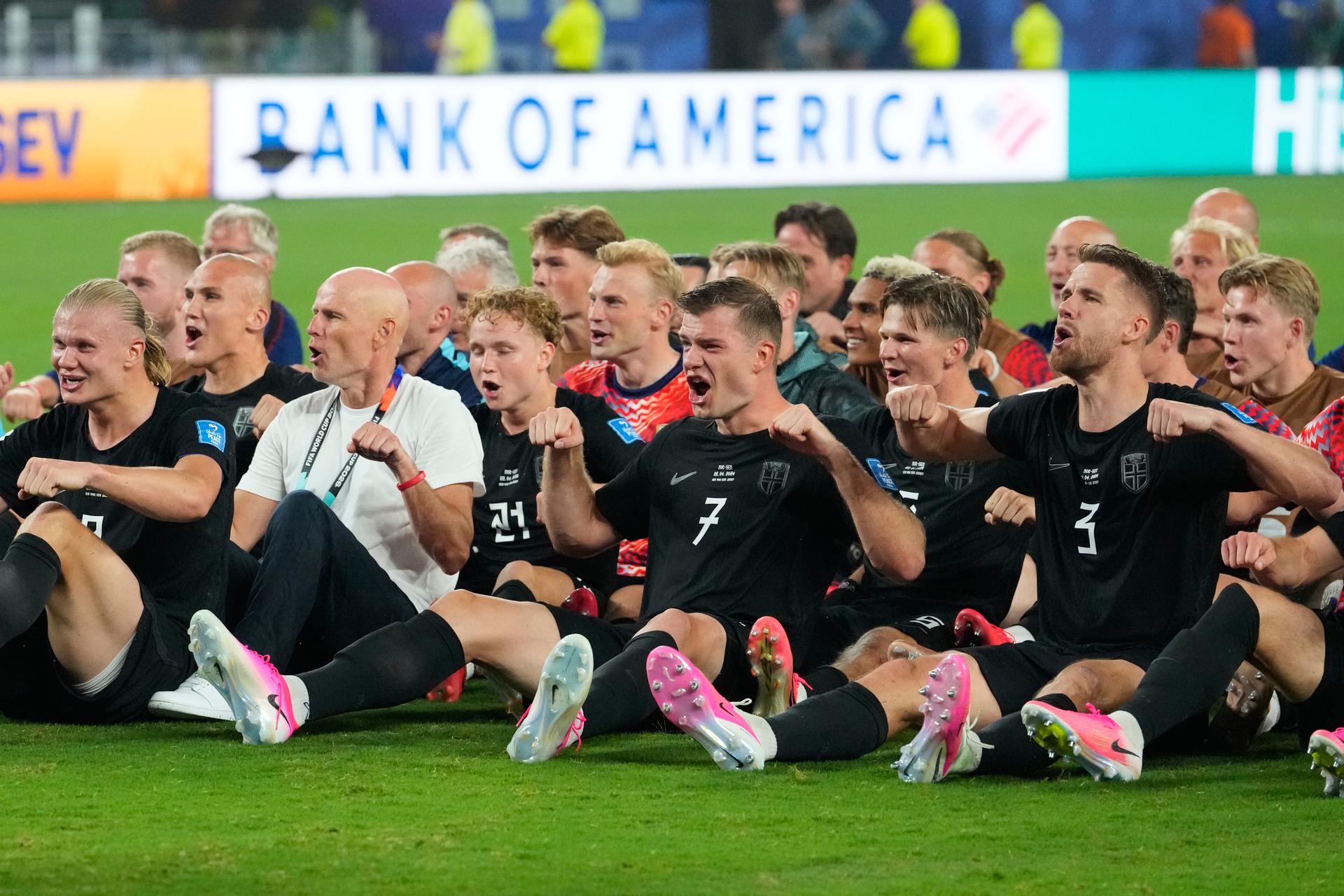 Norwegian players celebrate after defeating Senegal in a World Cup match in East Rutherford, N.J., Monday. 