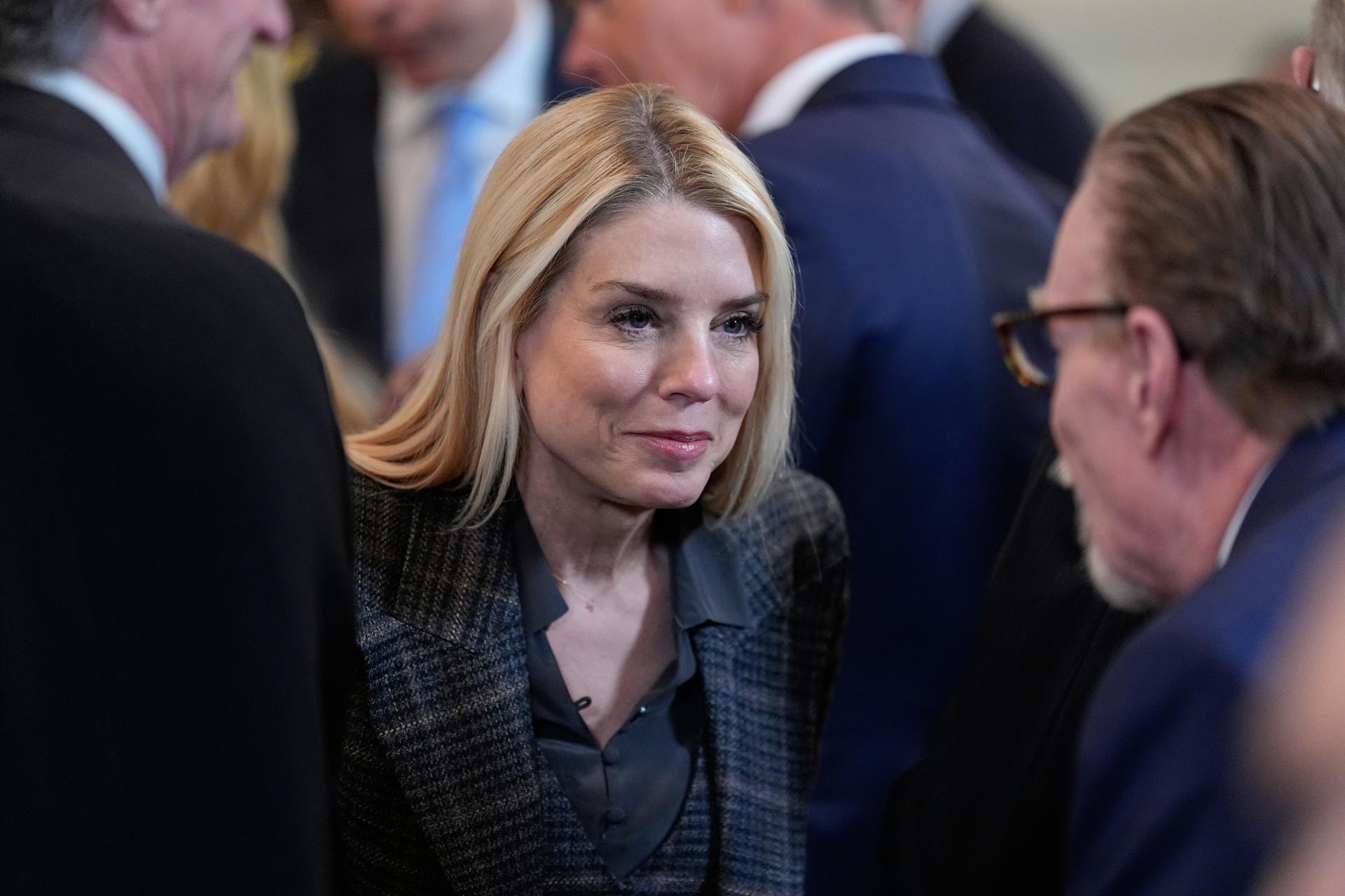Attorney General Pam Bondi arrives before President Donald Trump speaks during an event Thursday to honor the 2025 Stanley Cup Champion Florida Panthers in the East Room of the White House.