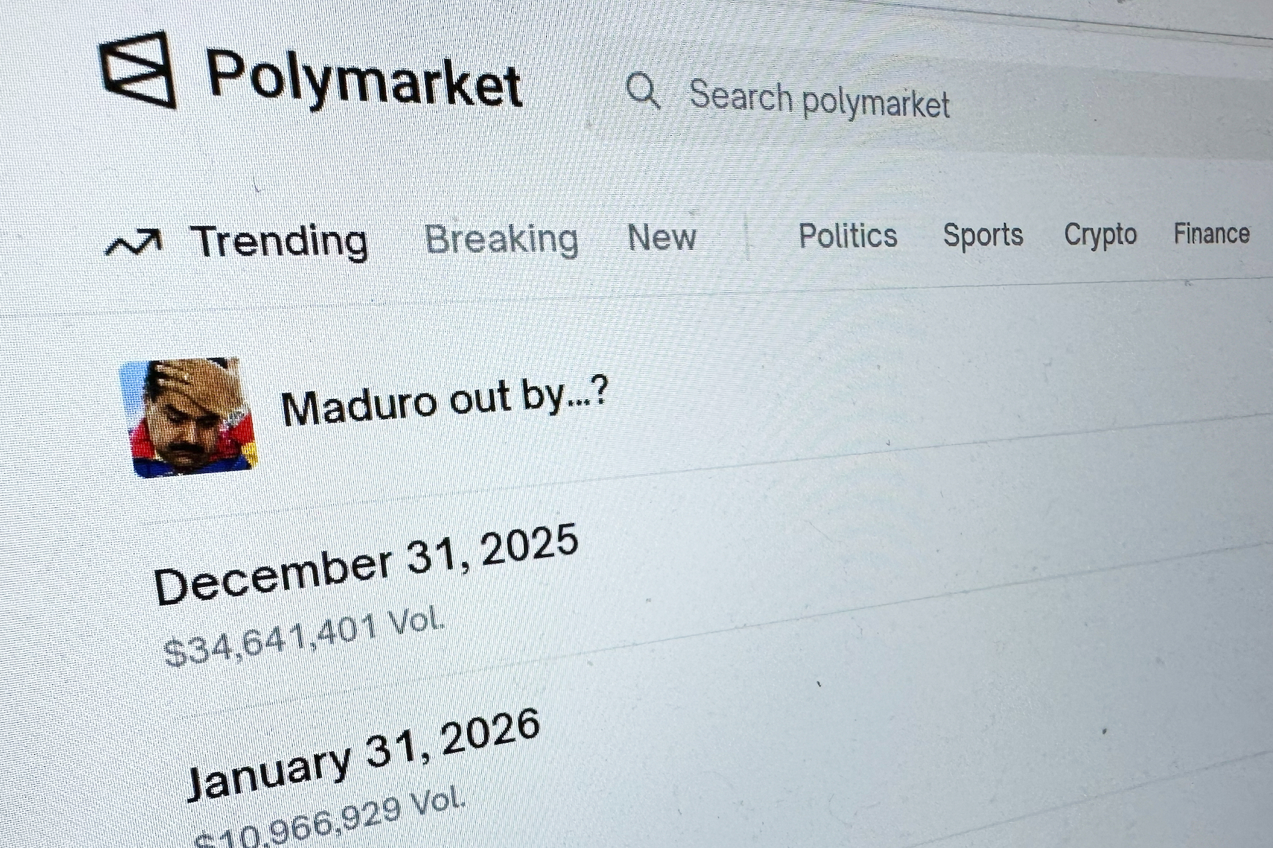 The Polymarket prediction market website is displayed on a computer screen, January 11, in New York. 
