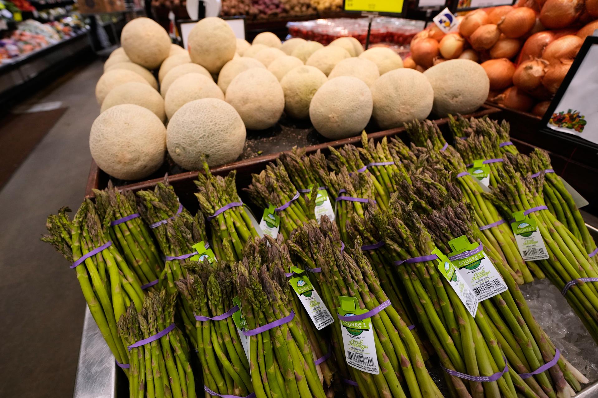 Asparagus stocks are displayed at a market in Salem, N.H., 2025.