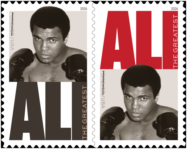 This image released by the United States Postal Service shows a commemorative Muhammad Ali stamp featuring a 1974 Associated Press photo of Ali. (United States Postal Service via AP)