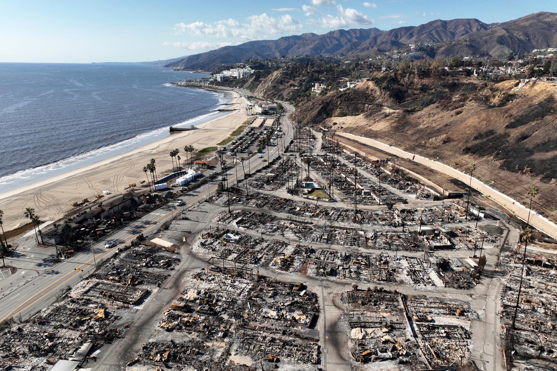 An aerial view shows the devastation left by the Palisades Fire in Los Angeles on Jan. 27. (AP Photo/Jae C. Hong)