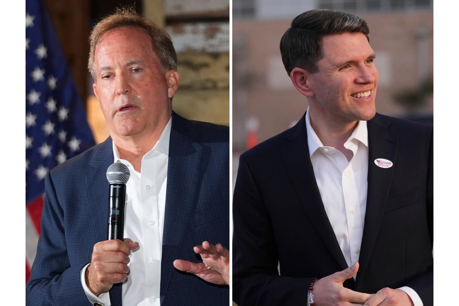 At left, Texas Attorney General Ken Paxton speaks in McKinney, Texas, May 19, and at right, Texas state Rep. James Talarico,  in Austin, Texas, Feb. 17. 