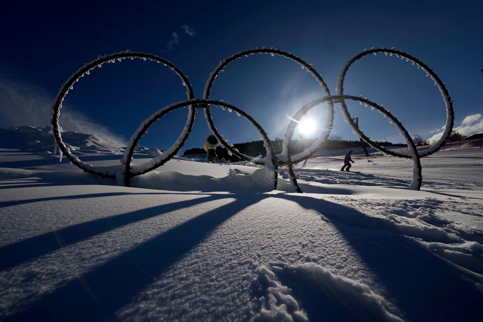 Olympic rings are displayed in the snow at the Stelvio Ski Center, venue for the alpine ski and ski mountaineering disciplines at the 2026 Milan Cortina Winter Olympics in Bormio, Italy, Jan. 16, 2025.