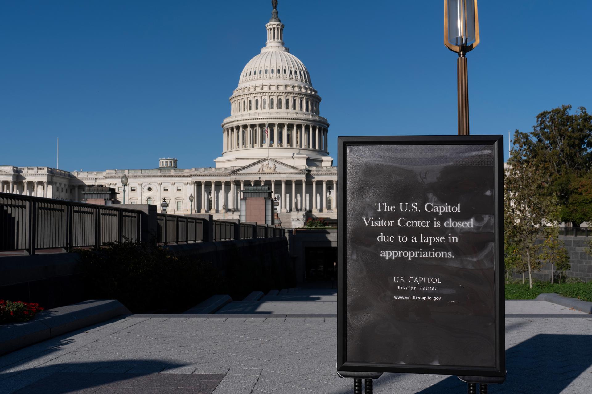 A sign turns away tourists at the entrance to the Capitol Visitor Center, in Washington, on Wednesday. (AP Photo/J. Scott Applewhite)