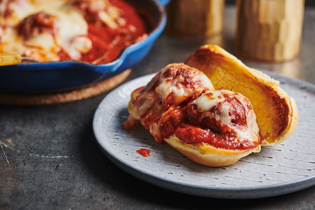 A meatball sub topped with mozzarella cheese is displayed in New York, 2019. 