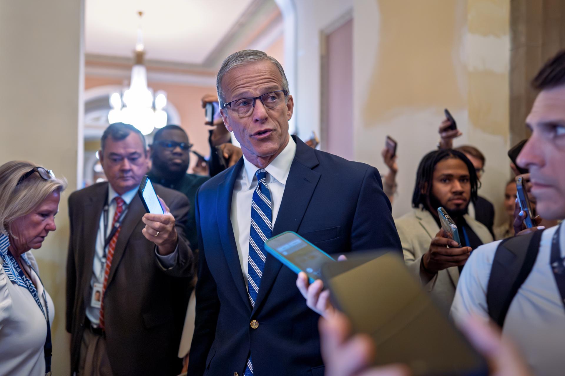 Senate Majority Leader John Thune, R-S.D., pauses for questions from reporters before votes on the immigration enforcement funding package, at the Capitol in Washington, Thursday.