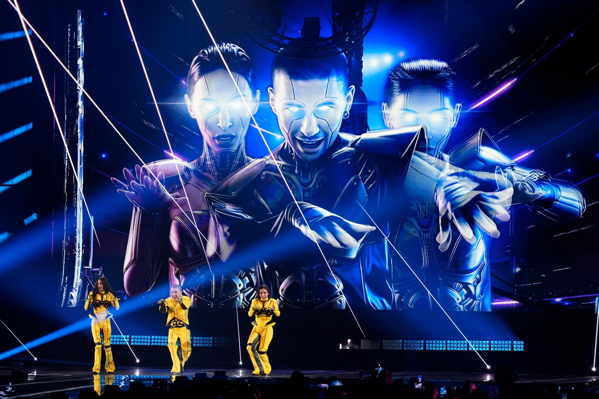 Bzikebi from Georgia perform during the dress rehearsal for the first semifinal of the 70th Eurovision Song Contest in Vienna, Austria, on Monday. (AP Photo/Martin Meissner)
