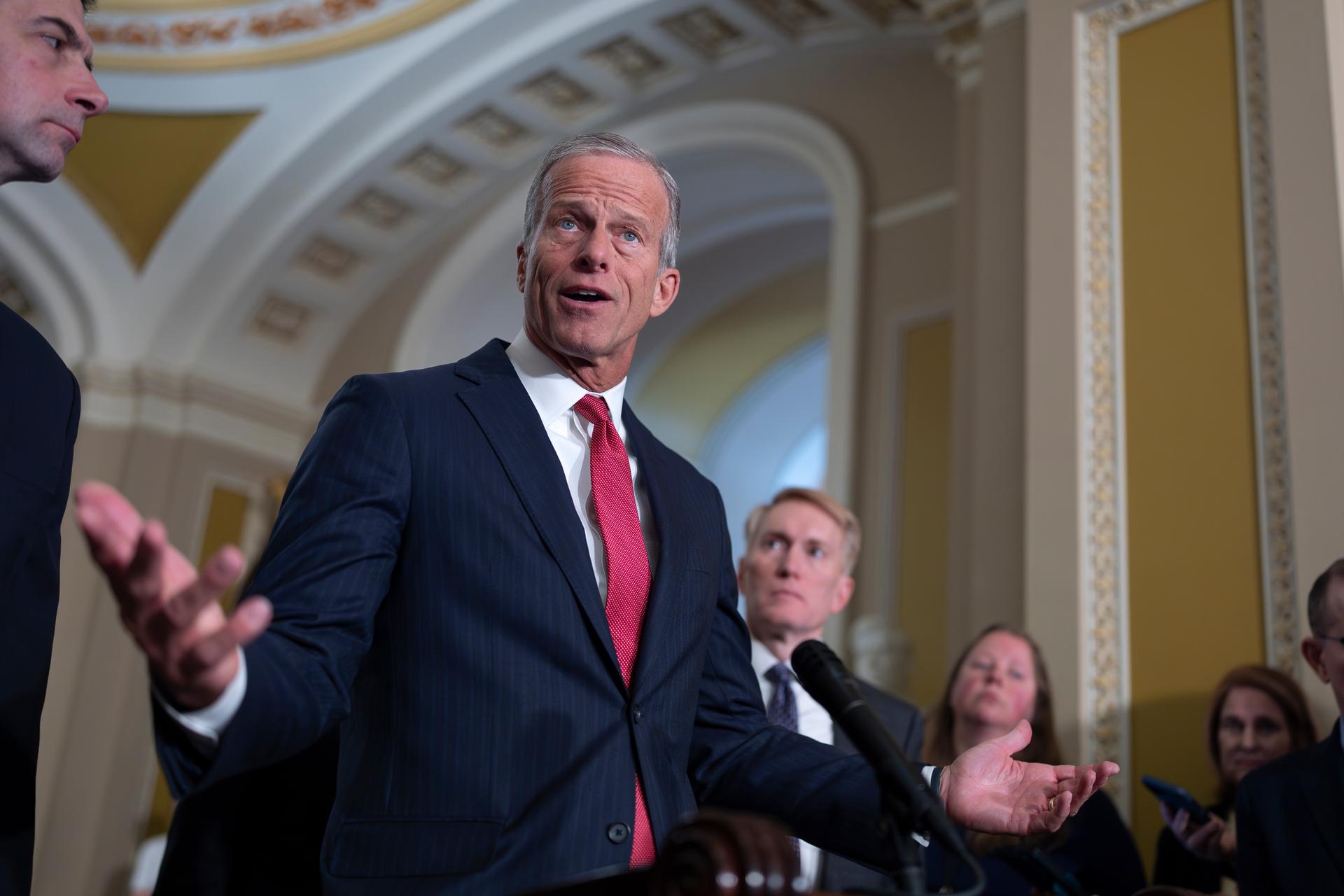 Senate Majority Leader John Thune, R-S.D., speaks to reporters following a closed-door party meeting, at the Capitol in Washington on Tuesday.