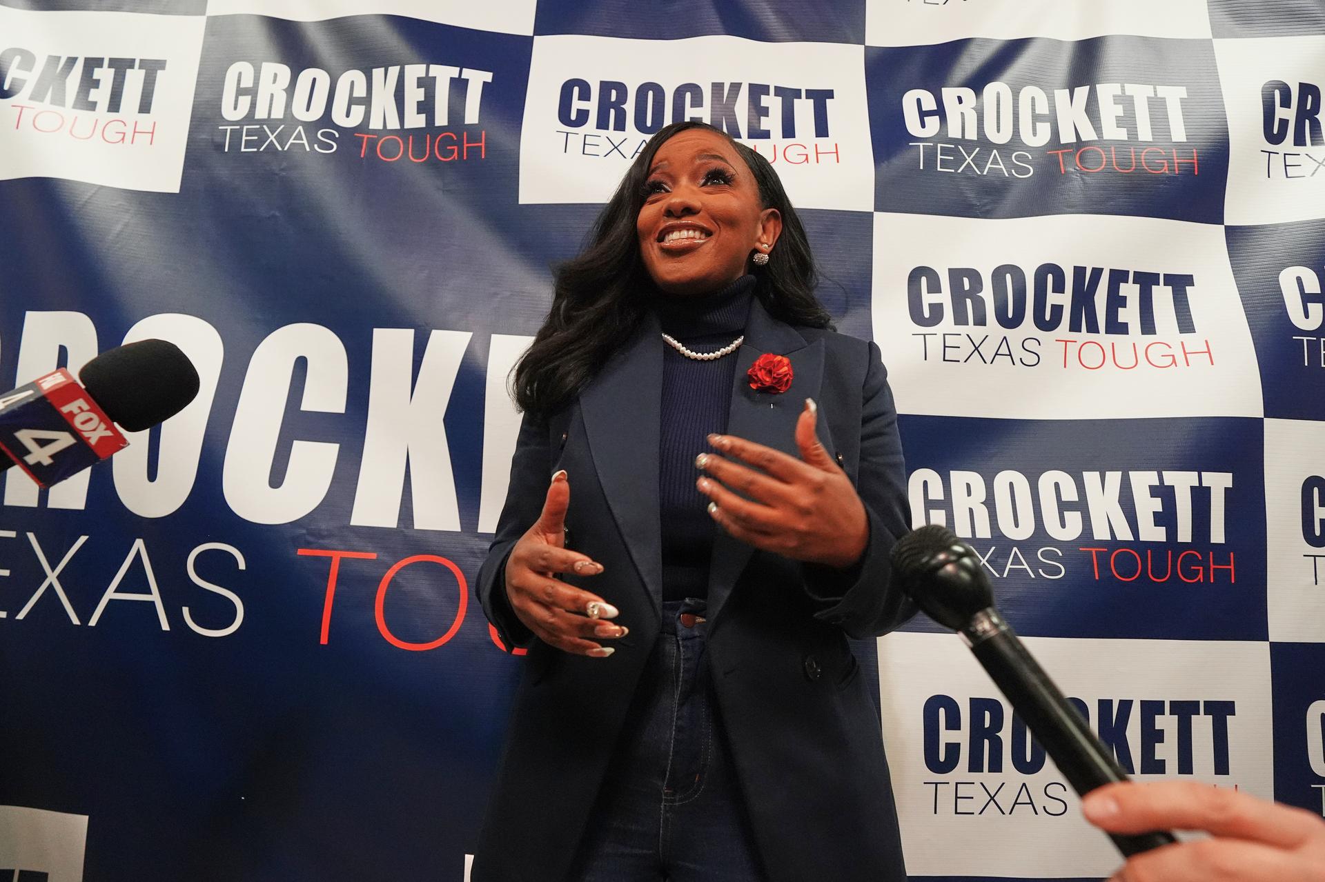 Rep. Jasmine Crockett, D-Texas, speaks to reporters after announcing her run in the Democratic primary for U.S. Senate on Monday. (AP Photo/LM Otero)