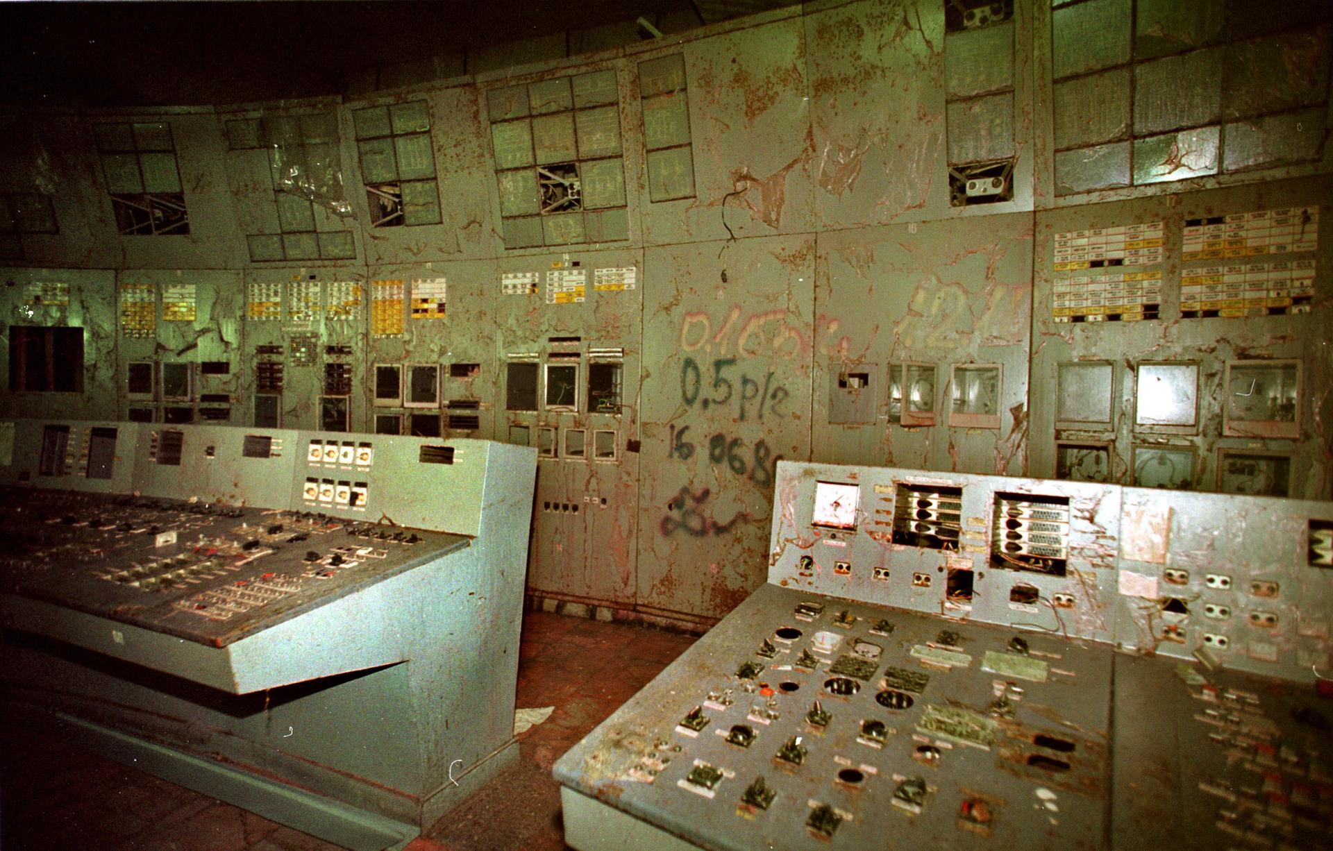 The highly contaminated control room for Reactor No. 4 is seen inside the Chernobyl nuclear power plant in Chernobyl, Ukraine, in 2000. (AP Photo/Efrem Lukatsky)
