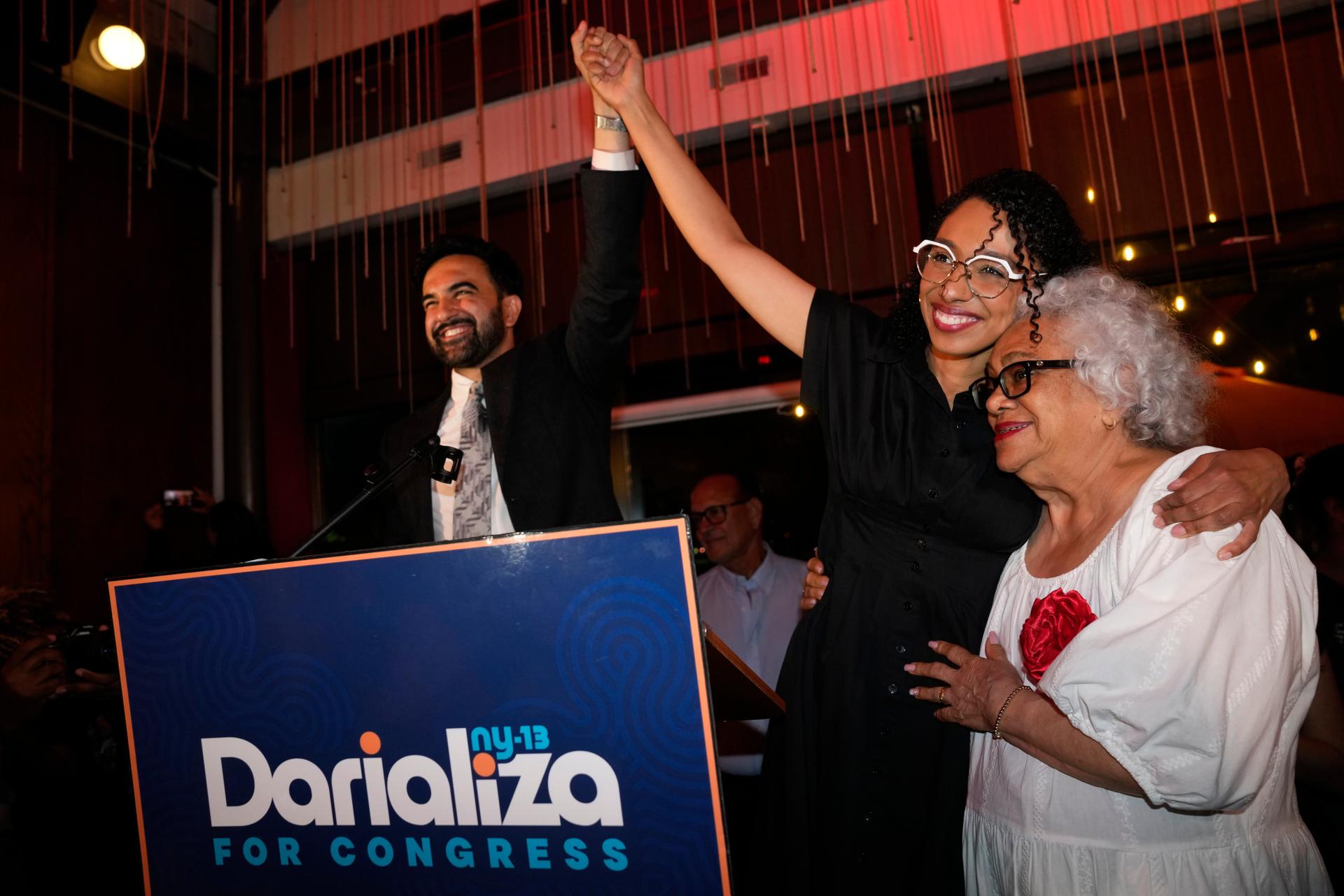 New York City Mayor Zohran Mamdani celebrates with Democratic congressional candidate Darializa Avila Chevalier and organizer Carmen Rojas during an election night watch party Tuesday, in New York. 
