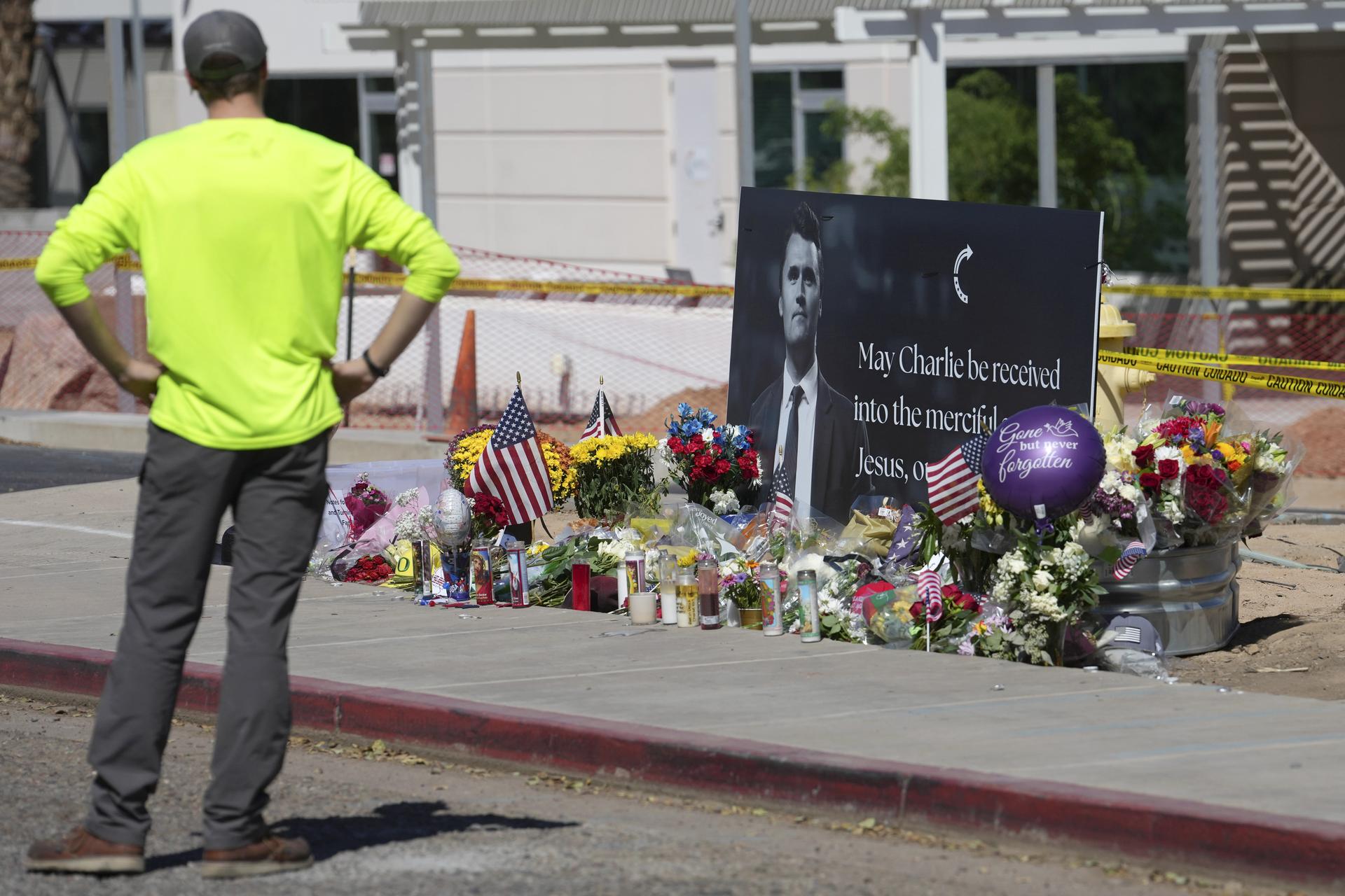 A makeshift memorial at the Turning Point USA headquarters on Thursday, in Phoenix, AZ. 