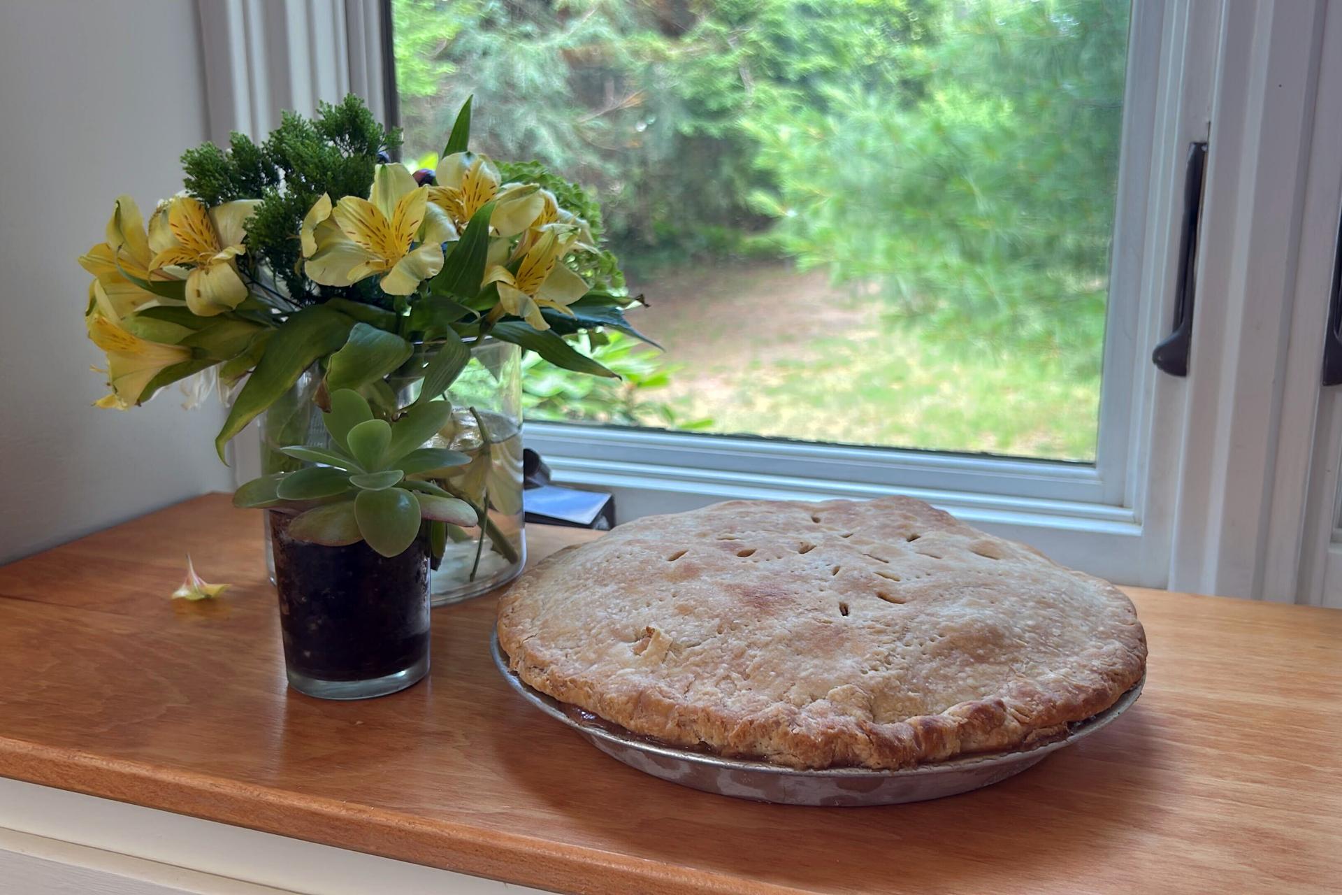 A freshly baked apple pie sits next to a window in Marlborough, Massachusetts, in June. 