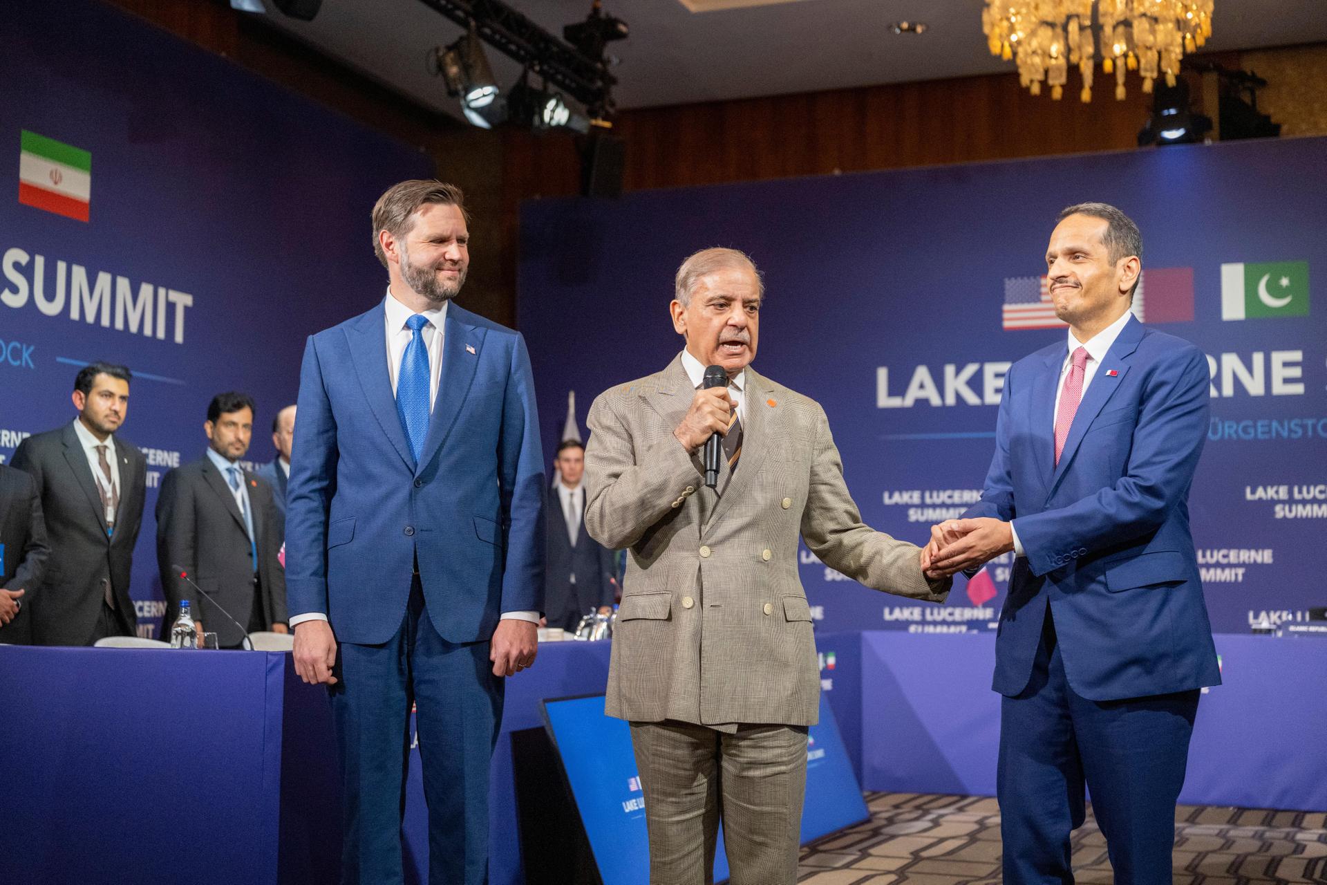 From left, US Vice President JD Vance, Pakistani Prime Minister Shehbaz Sharif and Qatari Prime Minister Mohammed bin Abdulrahman bin Jassim Al Thani meeting at a mountainside resort in Obbuergen, Switzerland, on Sunday. (Urs Flueeler, Pool Photo via AP)
